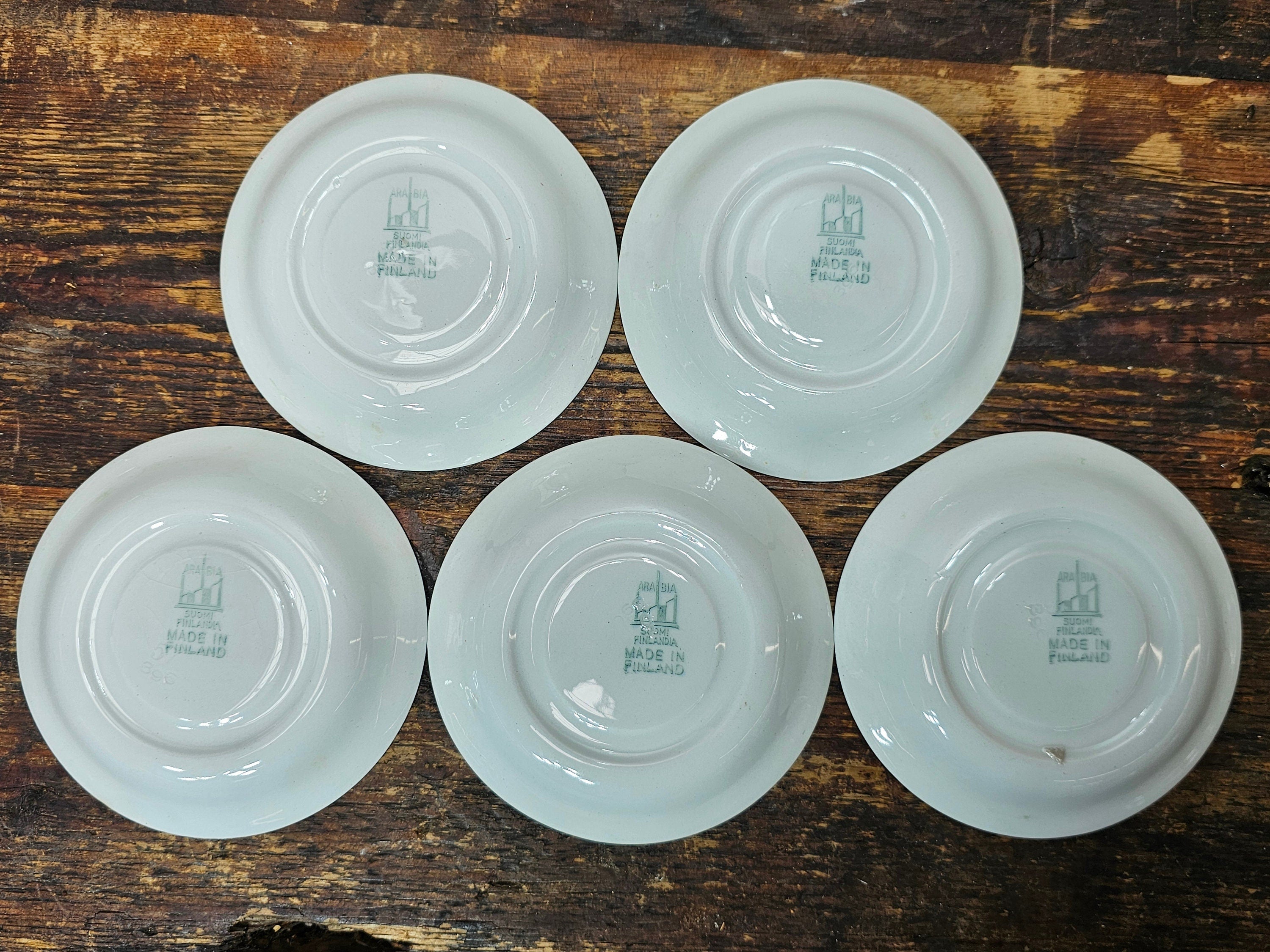 Arabia Suomi Finland Green Band Ribbons White Demitasse Cup & Saucer + Teapot