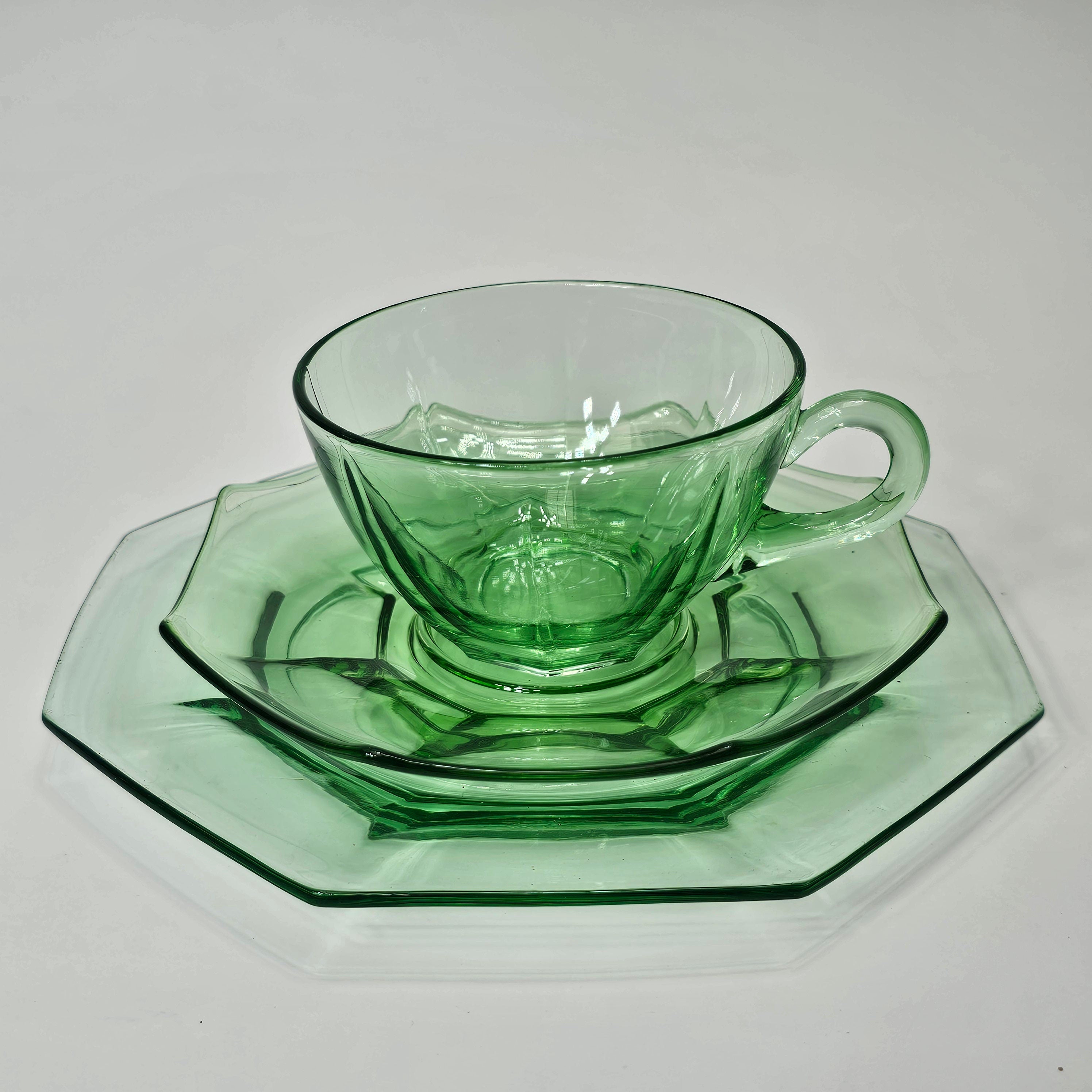 Set of 3 Heisey Ribbed Octagon Green Cup & Saucer + Dessert Plate Set (D)