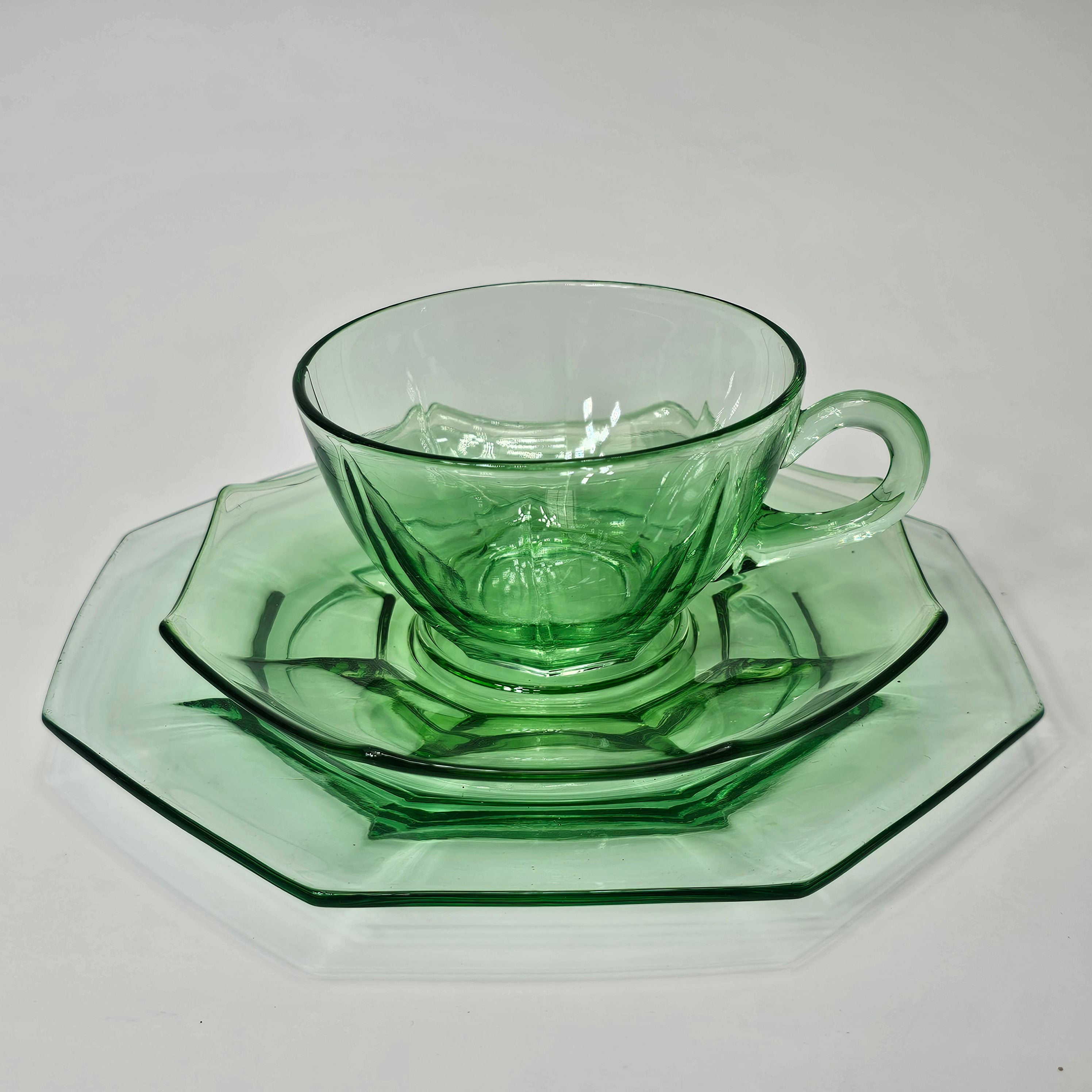 Set of 3 Heisey Ribbed Octagon Green Cup & Saucer + Dessert Plate Set (A)