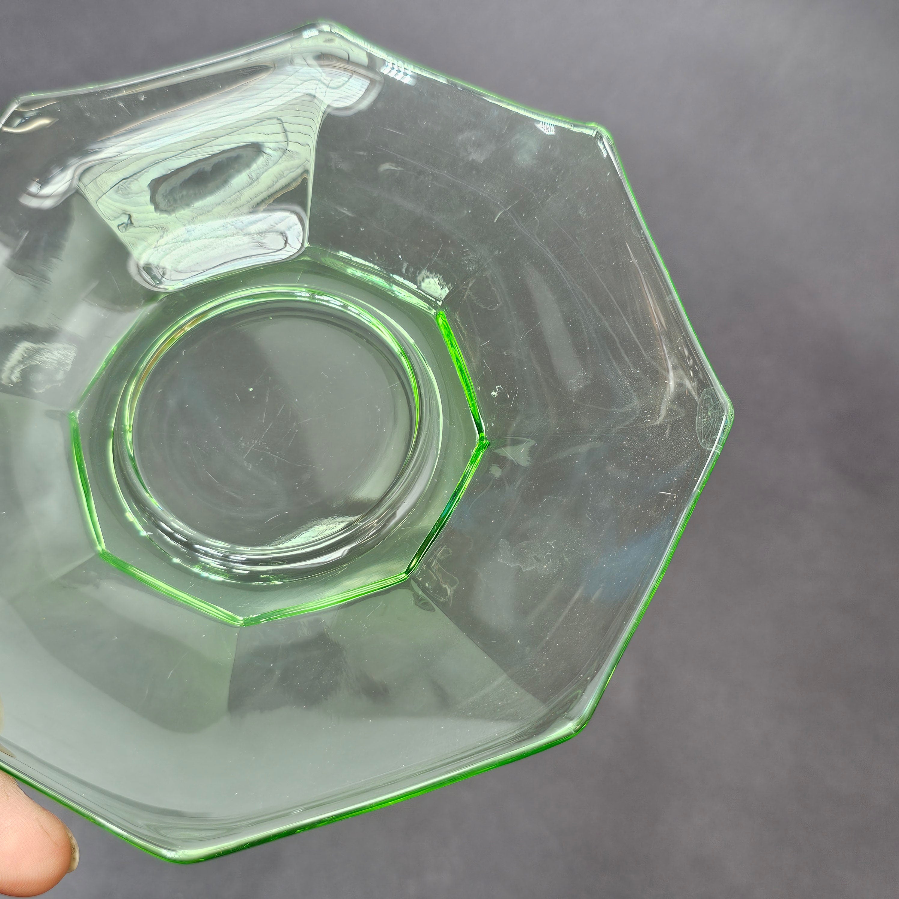 Set of 3 Heisey Ribbed Octagon Green Cup & Saucer + Dessert Plate Set (A)