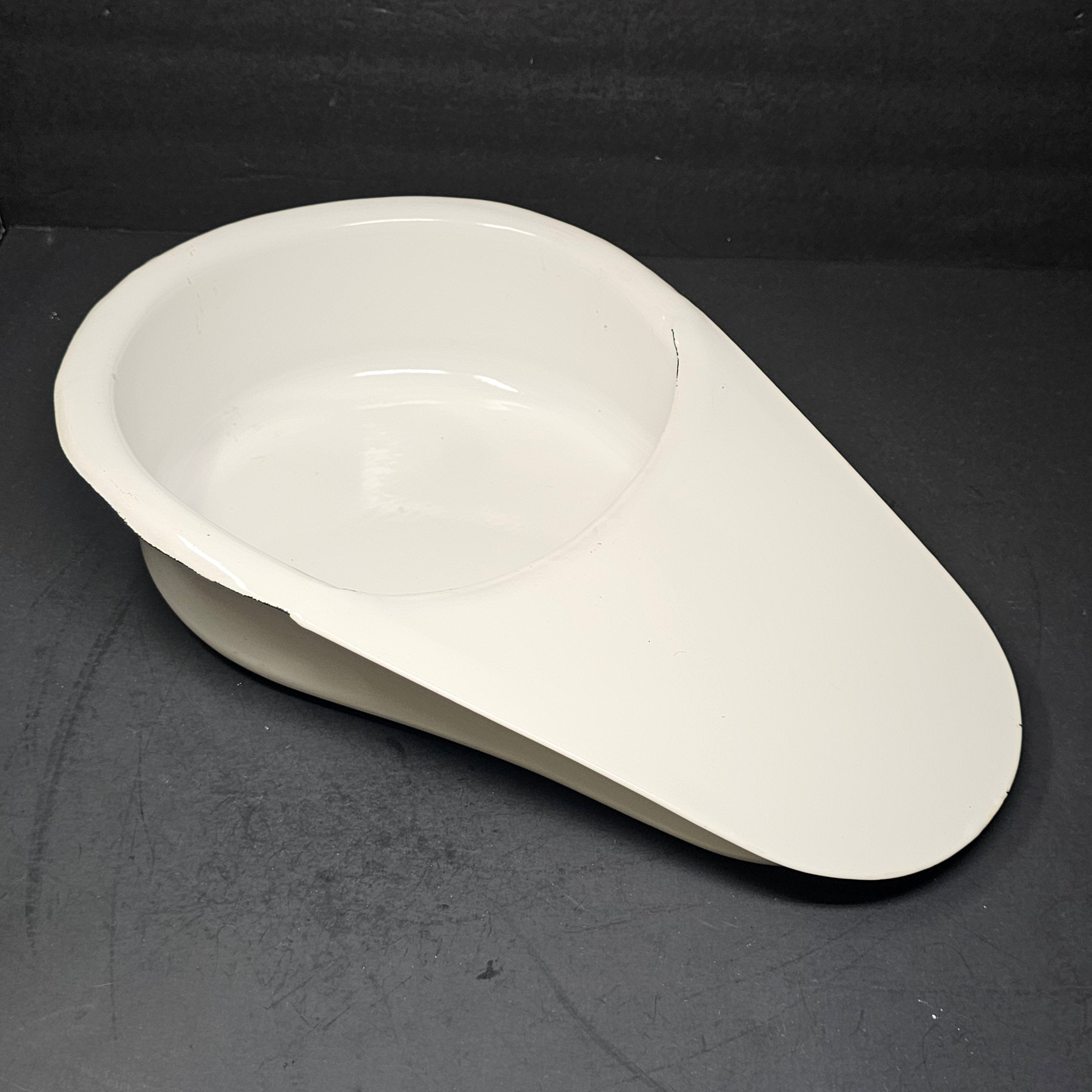 Antique Swedish All White Hospital Enamelware Bed Pan With Handle