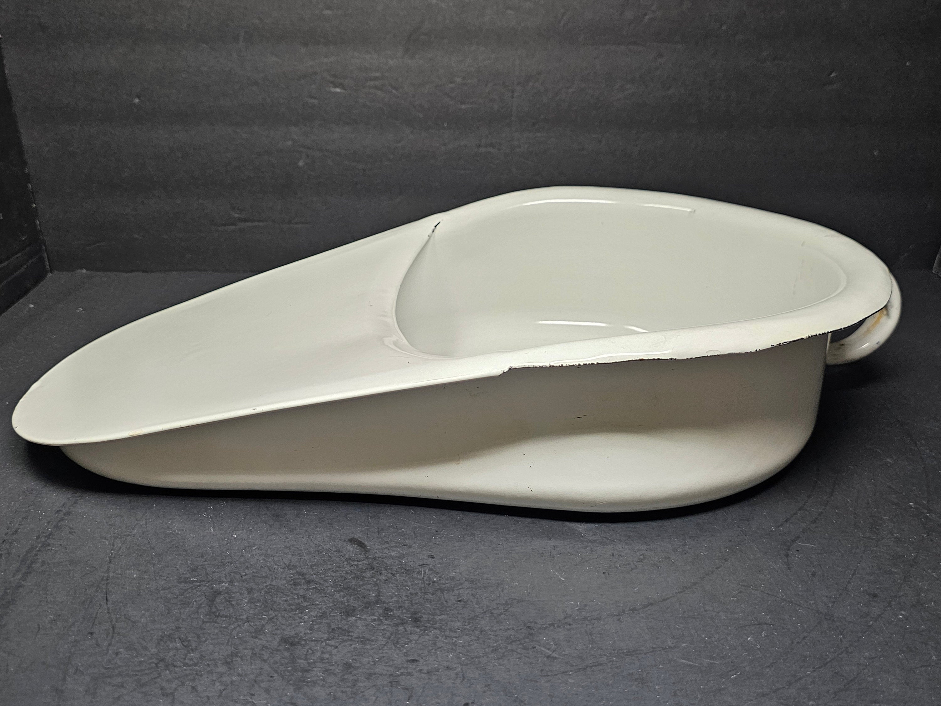 Antique Swedish All White Hospital Enamelware Bed Pan With Handle