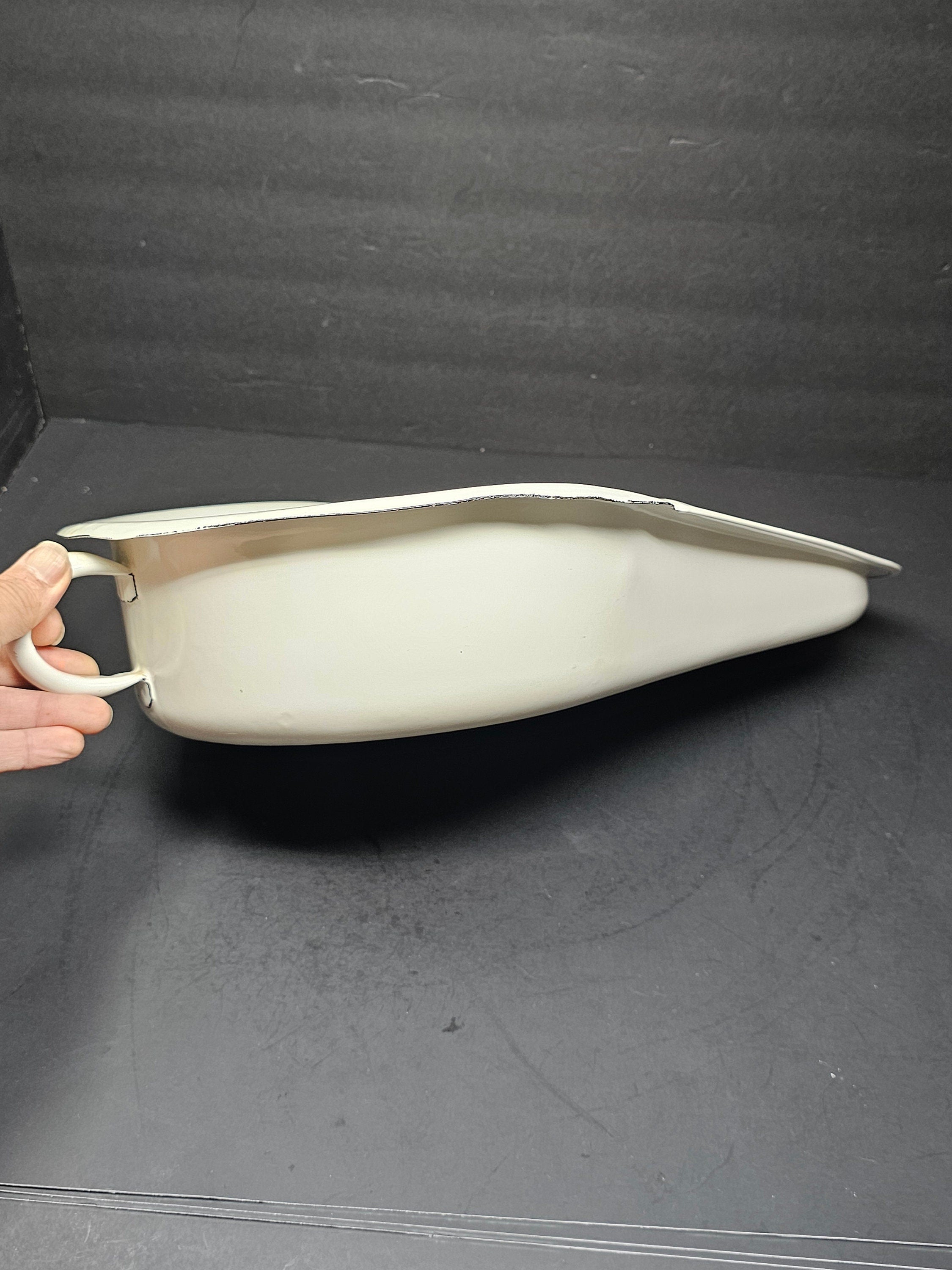Antique Swedish All White Hospital Enamelware Bed Pan With Handle