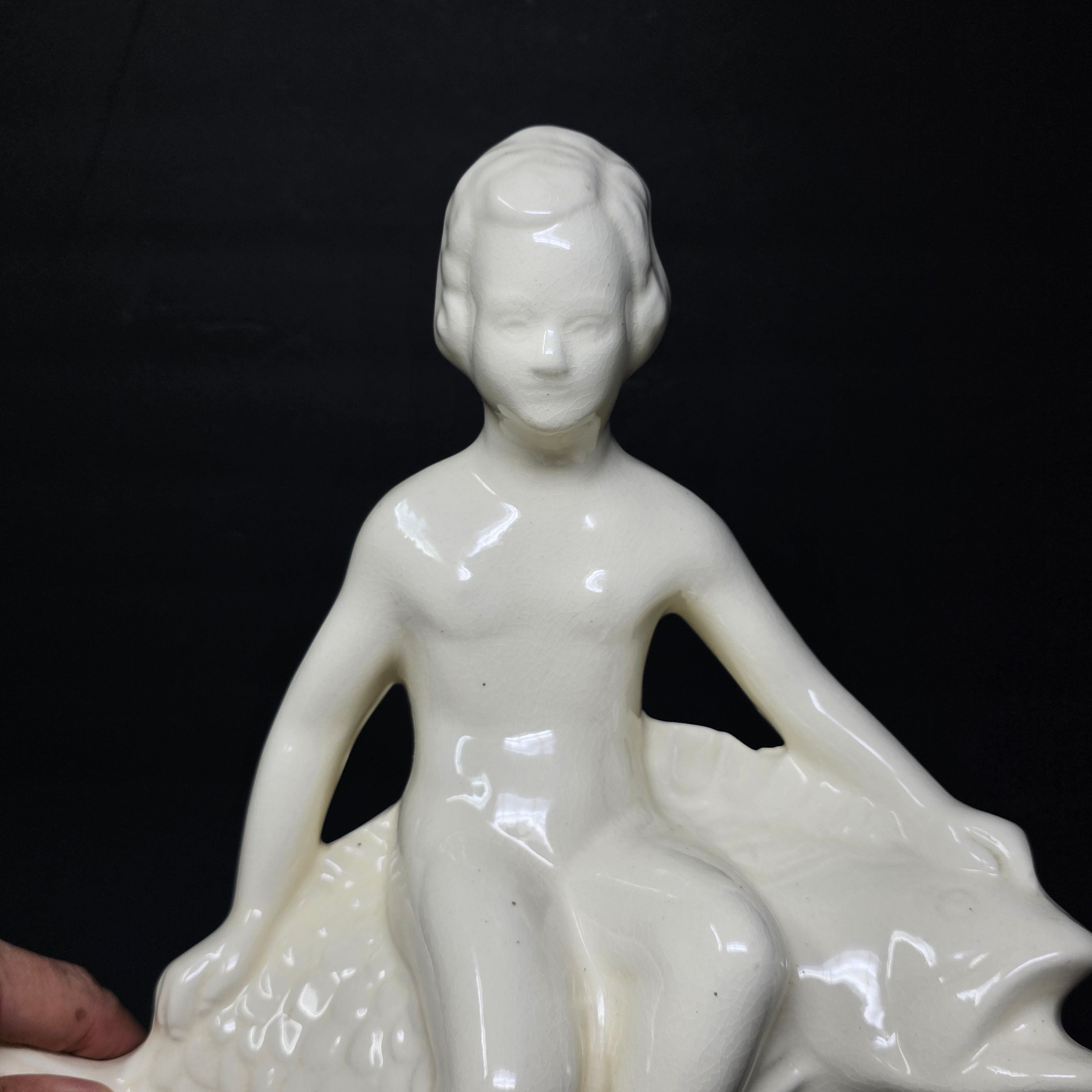 Pottery Statue By Robinson Ransbottom Boy Seated on Fish Bird Bath Insert 12.5" H