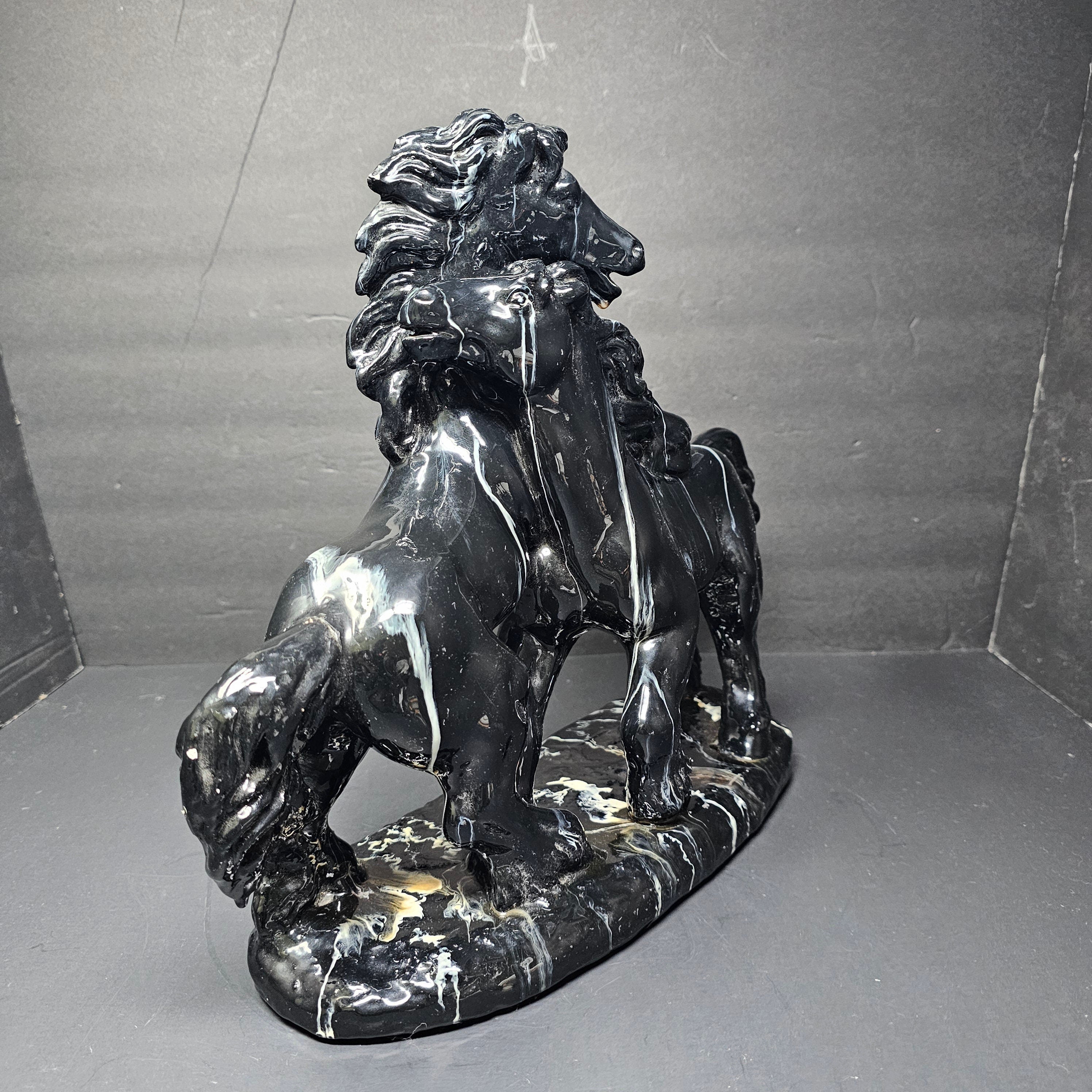 Two Black Stallions Sculpture Glazed Plaster Marble Swirl Statue Vintage