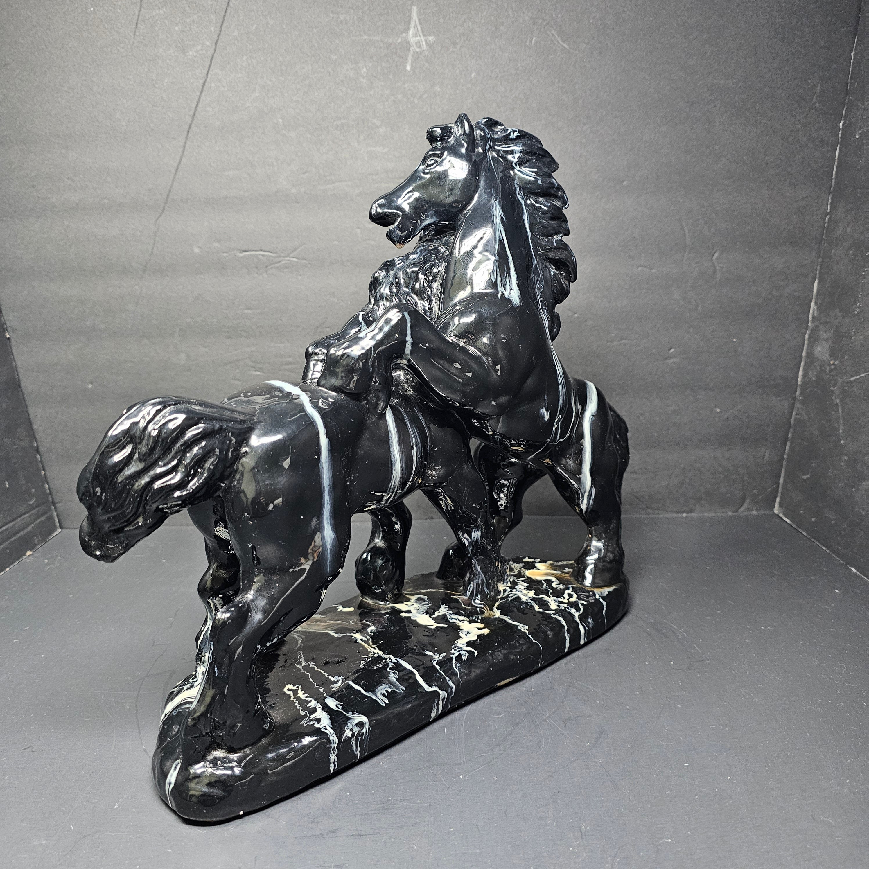 Two Black Stallions Sculpture Glazed Plaster Marble Swirl Statue Vintage
