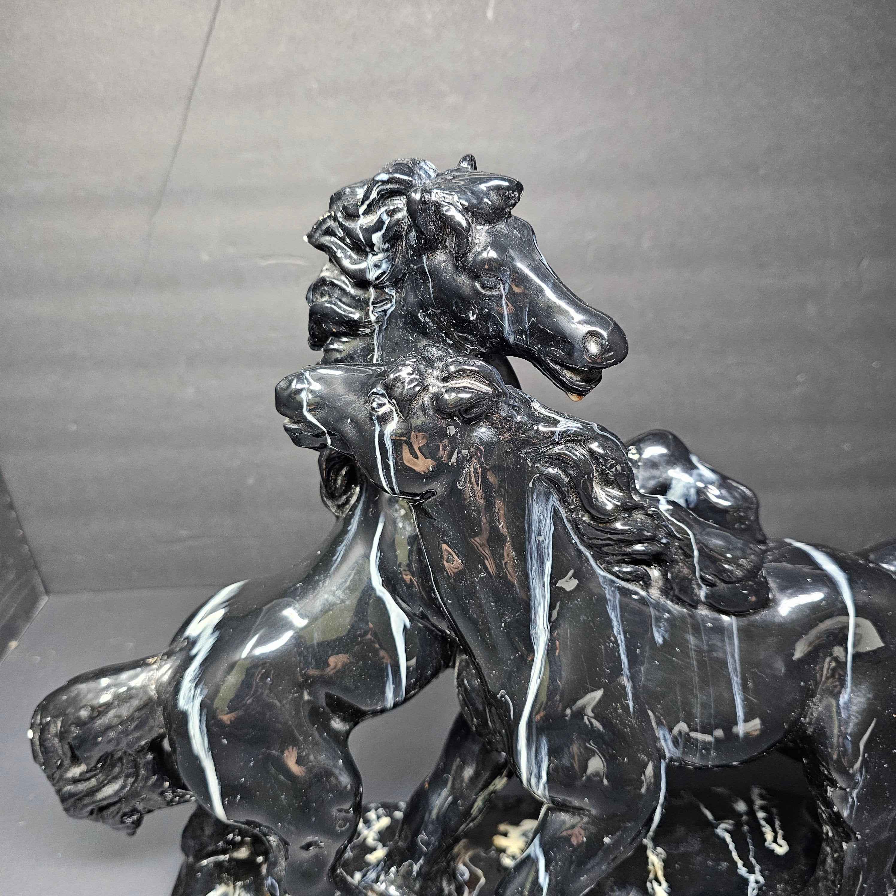 Two Black Stallions Sculpture Glazed Plaster Marble Swirl Statue Vintage