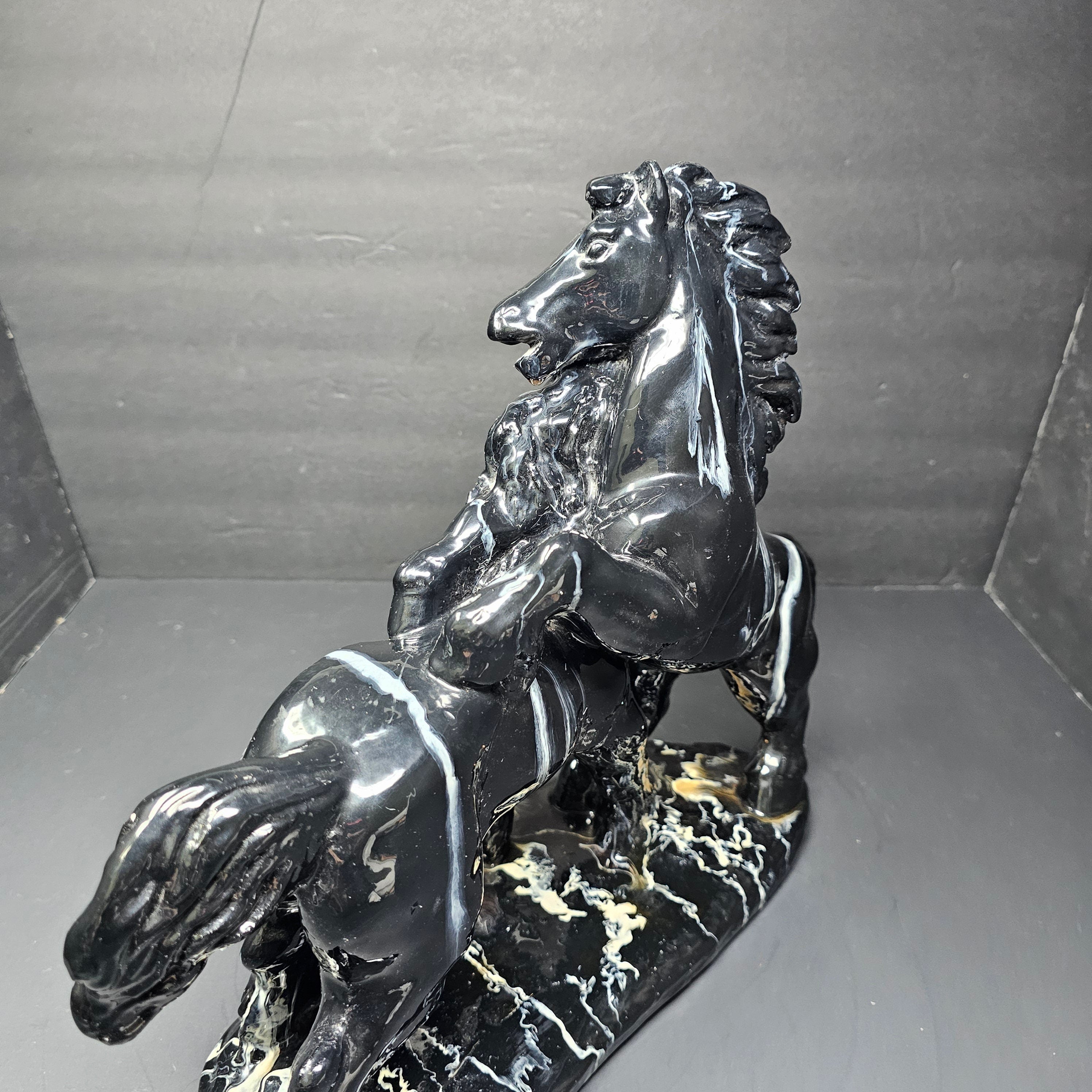 Two Black Stallions Sculpture Glazed Plaster Marble Swirl Statue Vintage