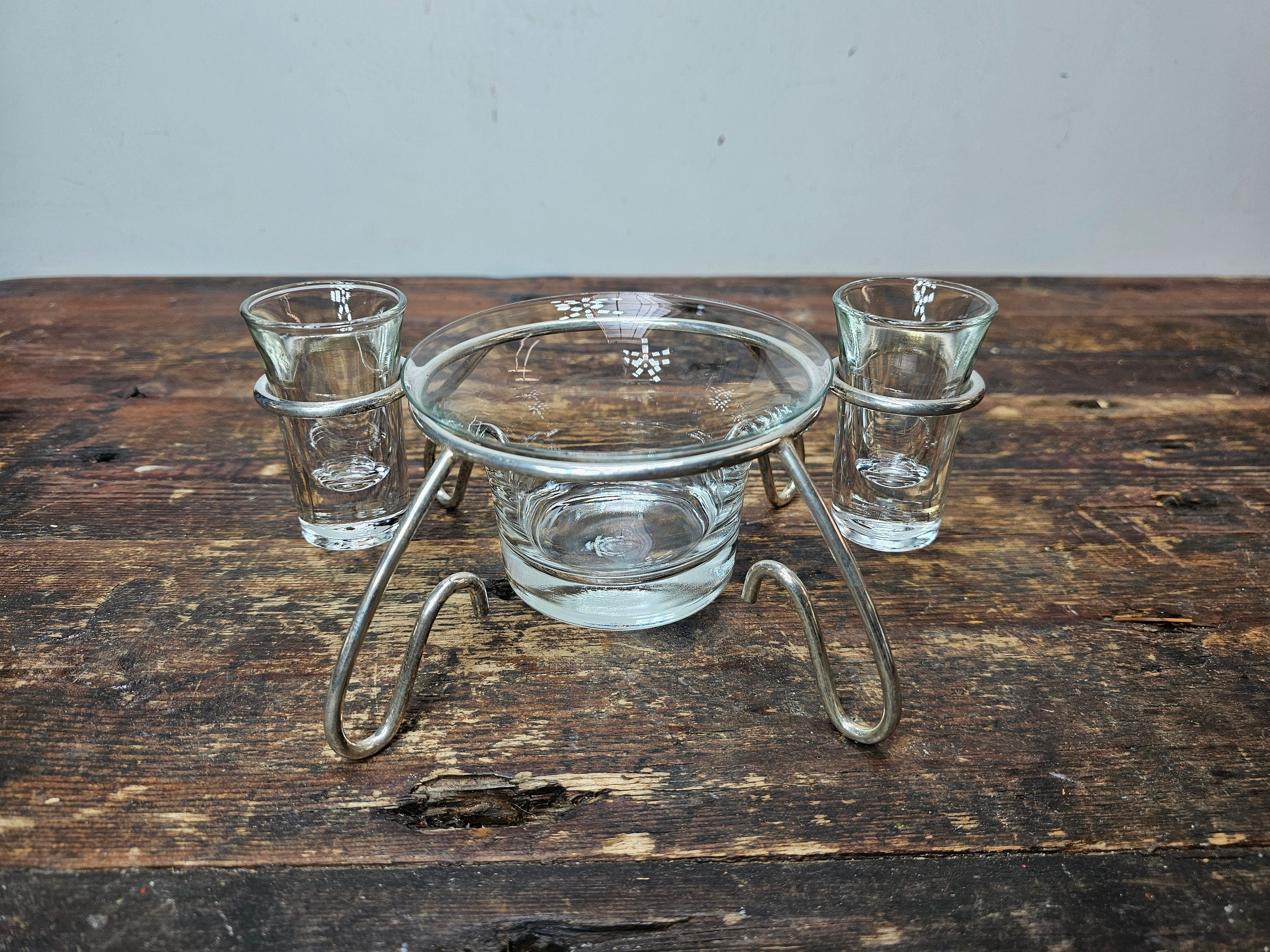 Mid Century Modern Anchor Hocking Glass Set Silver Plated Holder Stand