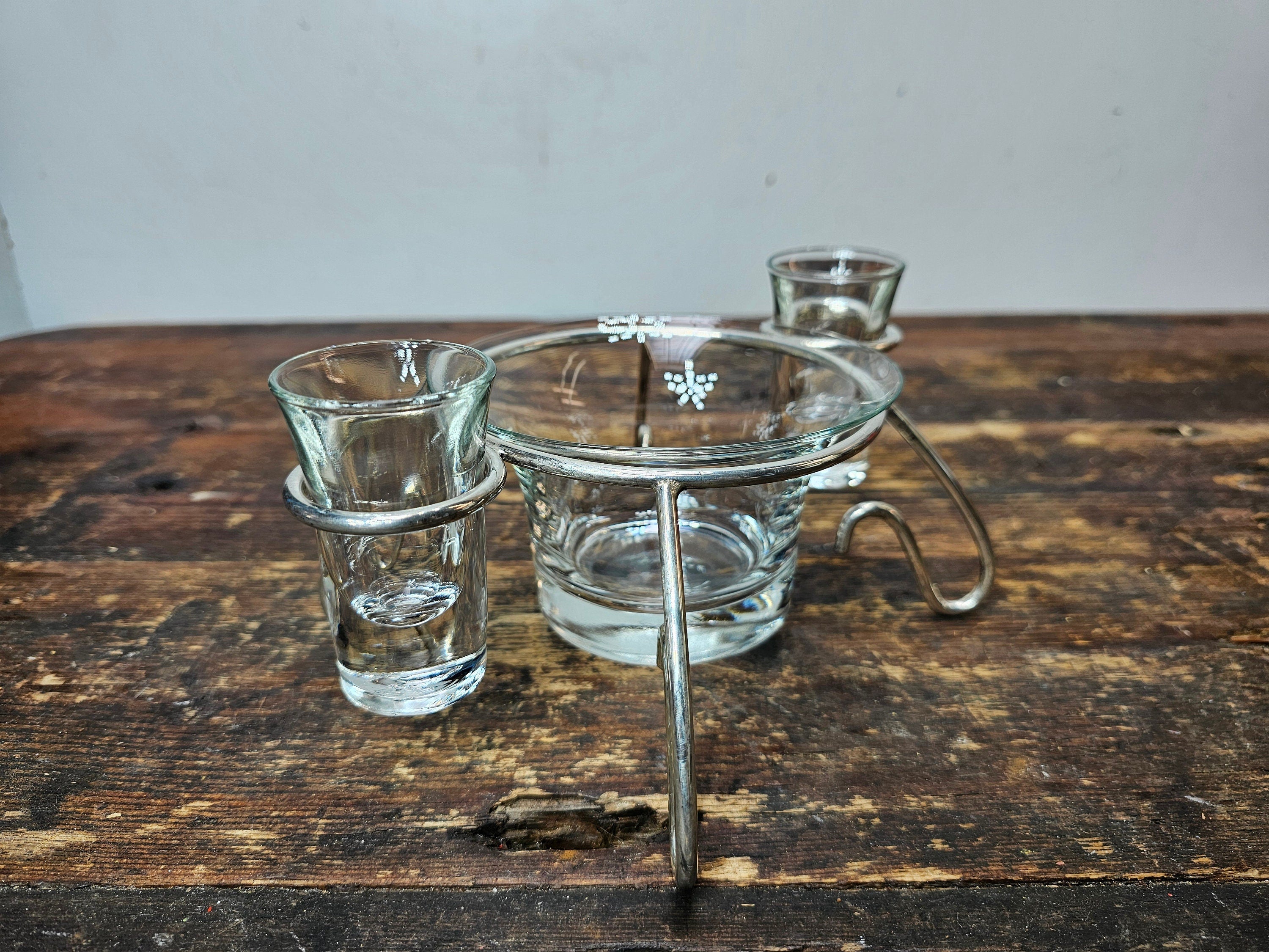 Mid Century Modern Anchor Hocking Glass Set Silver Plated Holder Stand