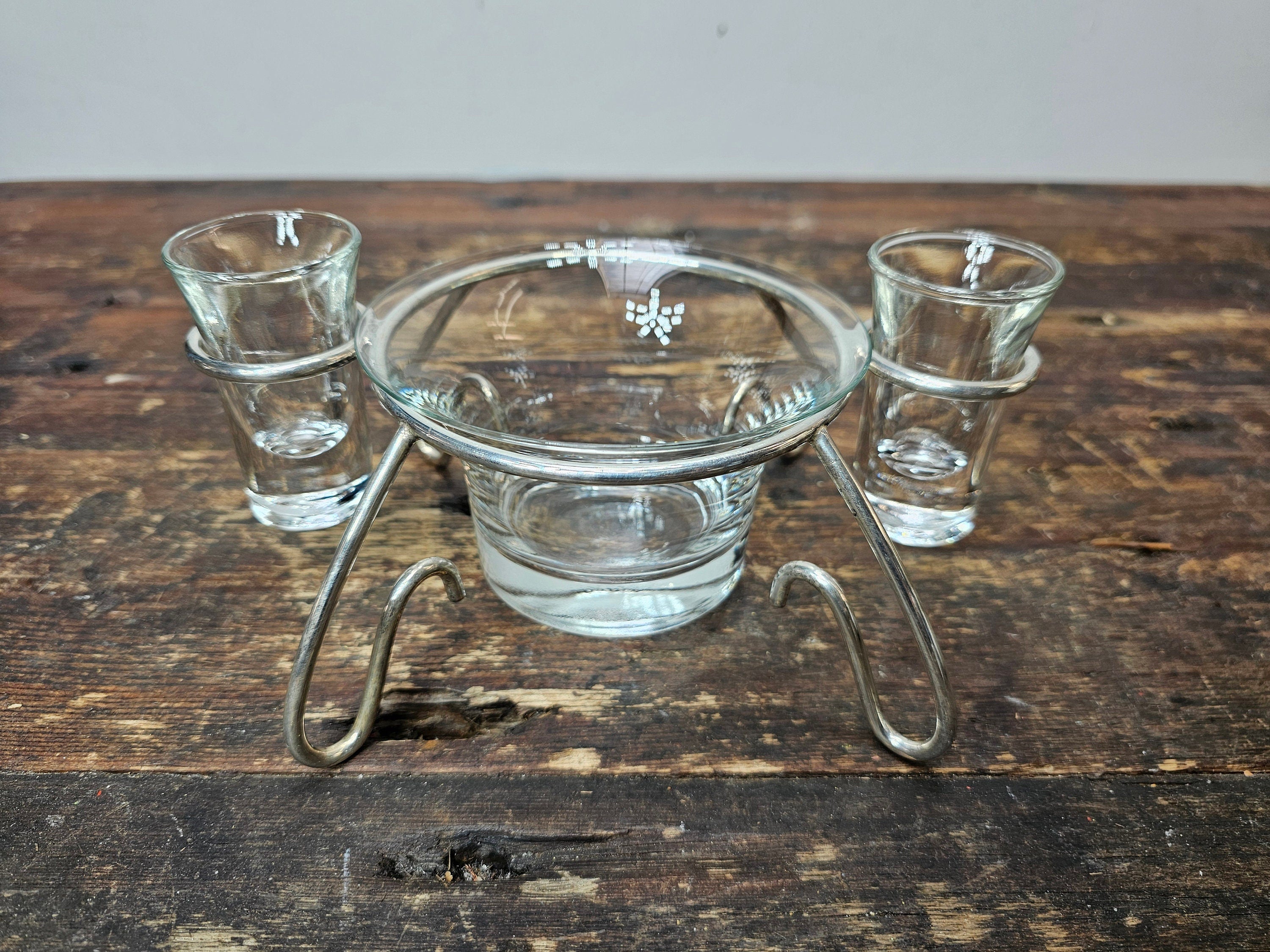 Mid Century Modern Anchor Hocking Glass Set Silver Plated Holder Stand