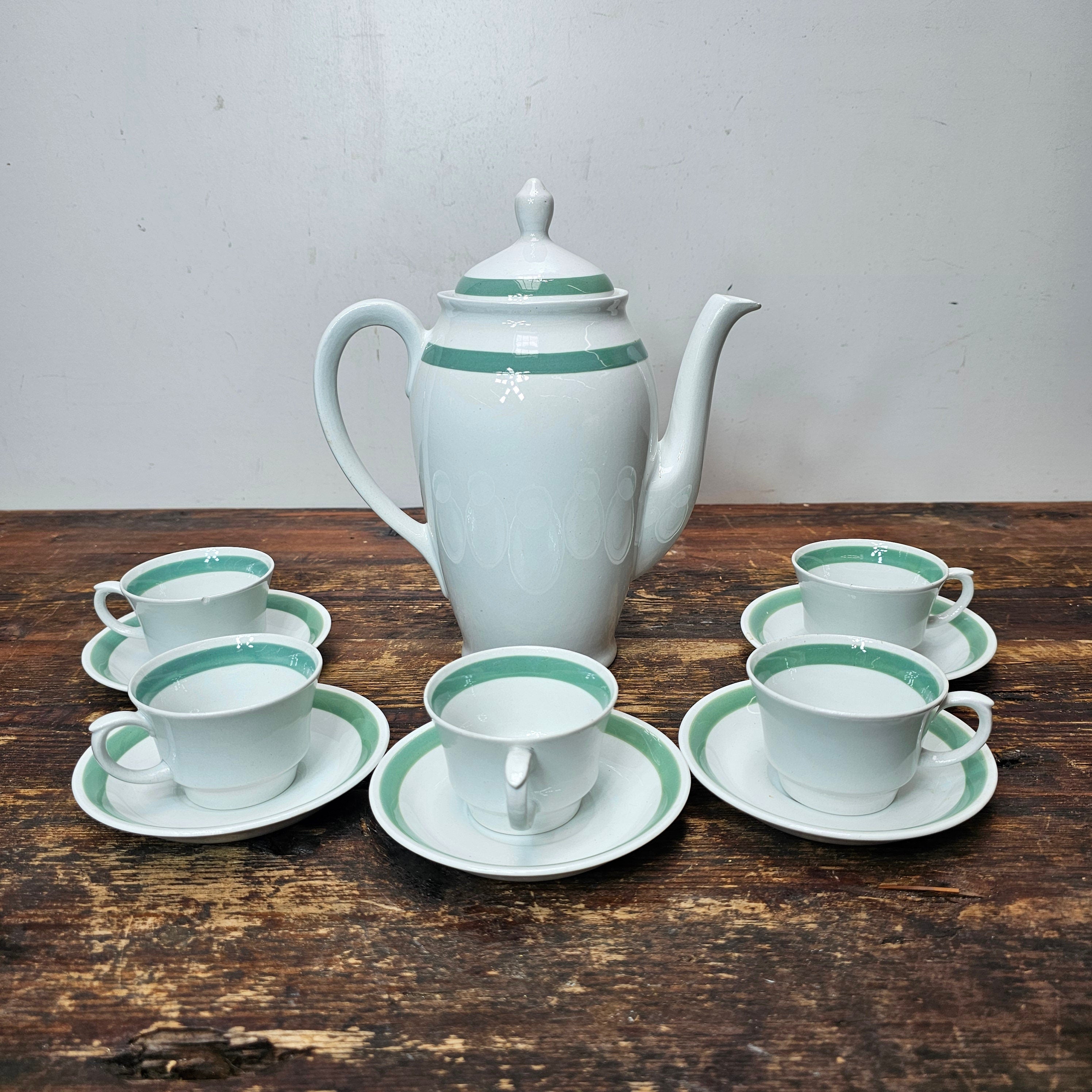 Arabia Suomi Finland Green Band Ribbons White Demitasse Cup & Saucer + Teapot