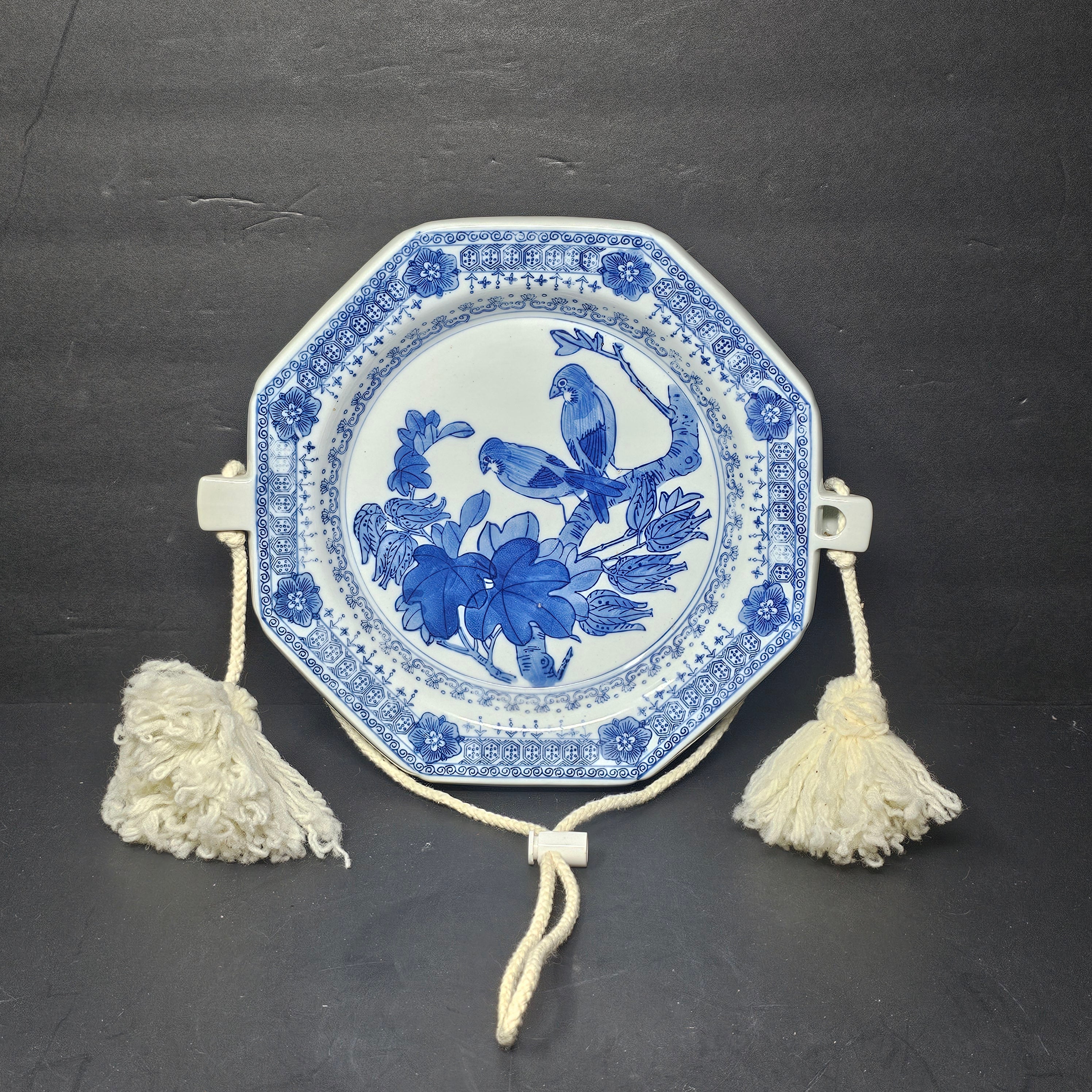 Vintage Chinese Export Ware Blue Birds Ceramic Chinoiserie Wall Hanging