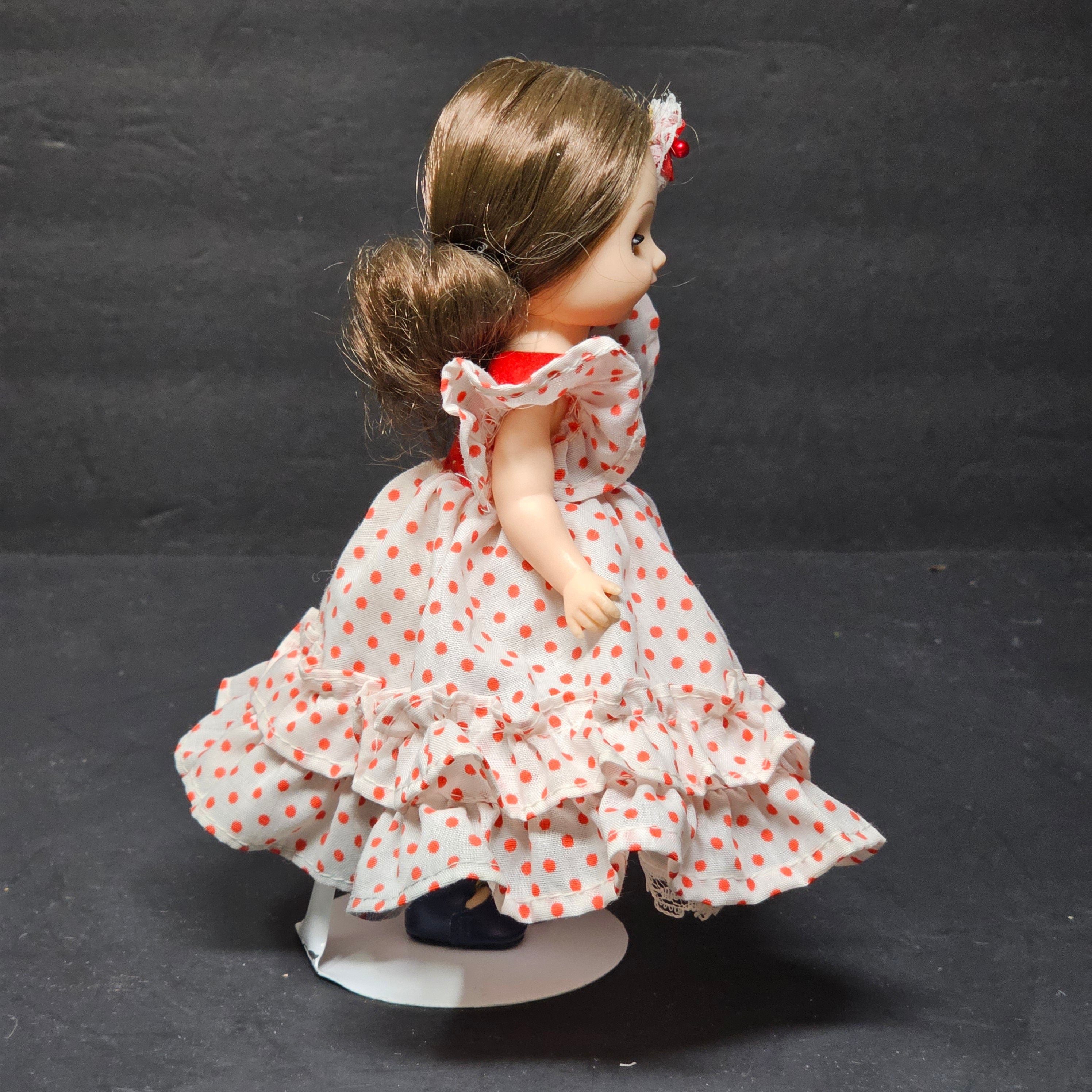Vintage Symbol of Quality Doll 7" Dark Hair Red and White Polka Dot Dress