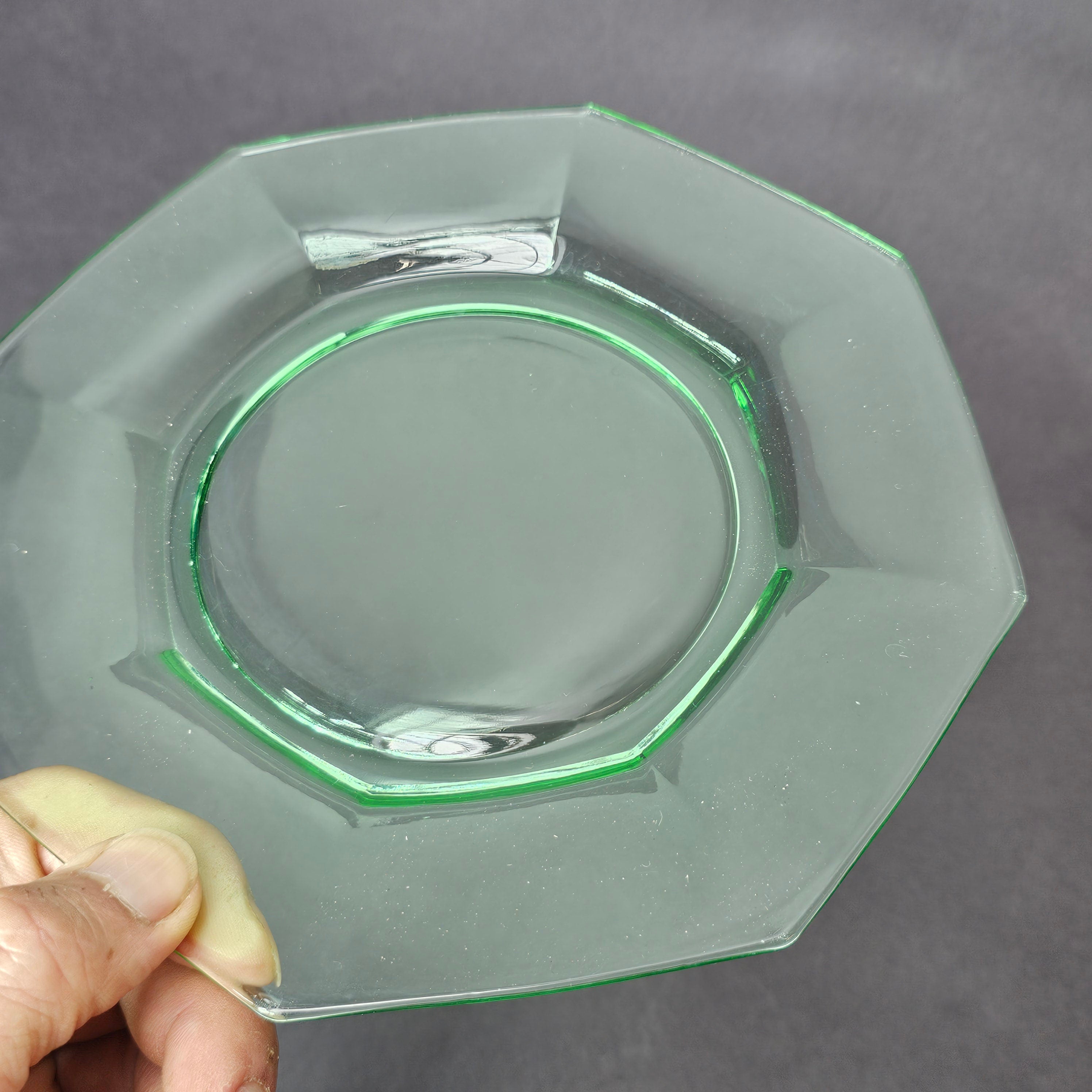 Set of 3 Heisey Ribbed Octagon Green Cup & Saucer + Dessert Plate Set (A)