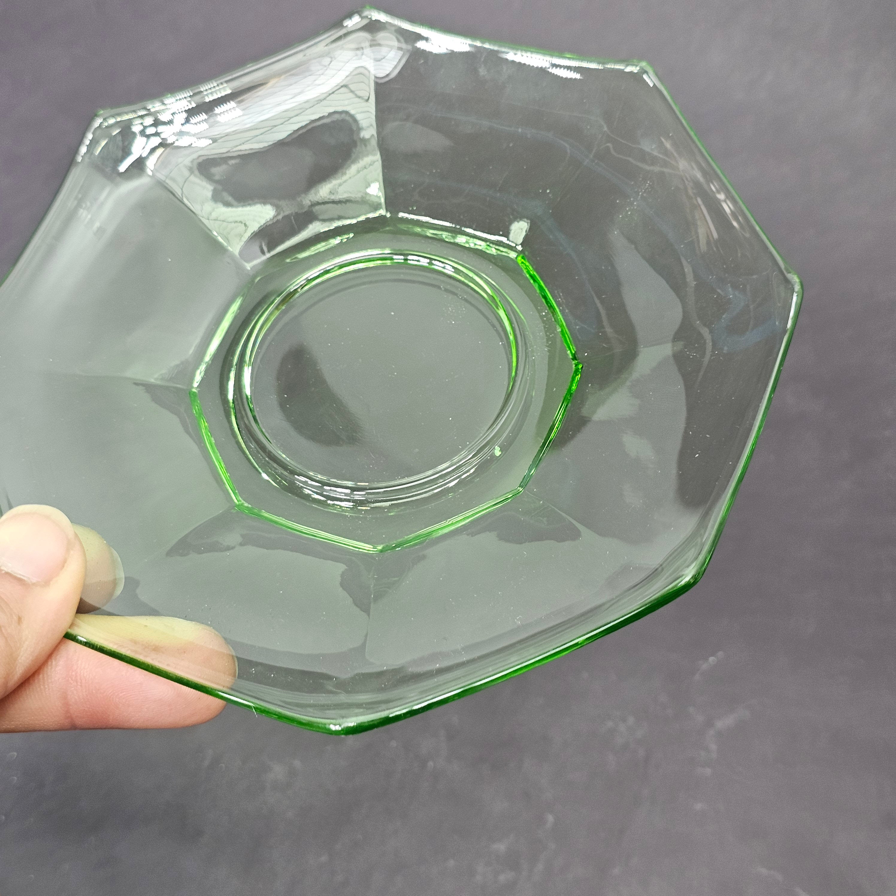 Set of 3 Heisey Ribbed Octagon Green Cup & Saucer + Dessert Plate Set (D)