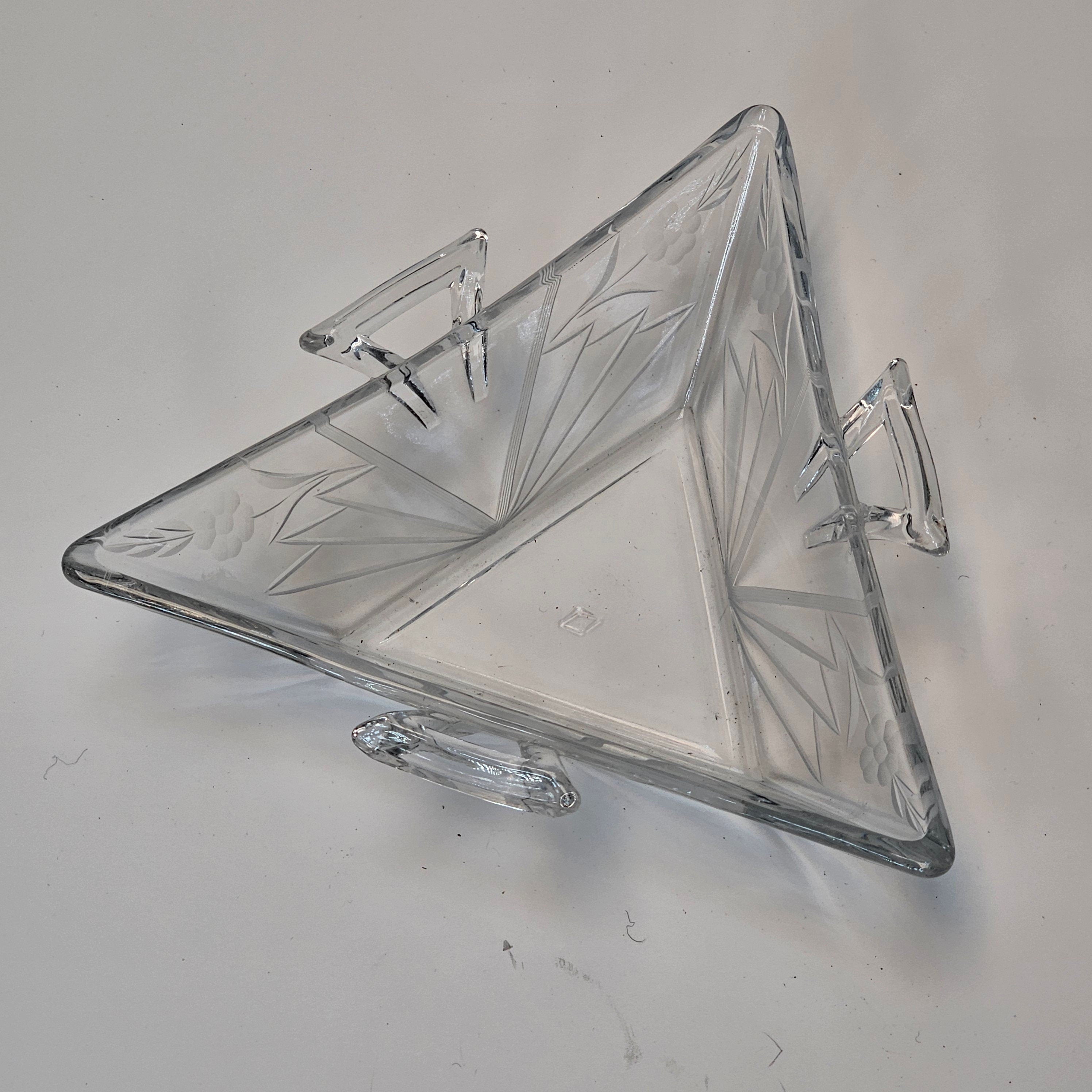 Heisey Etched Floral Clear Mint Dish Tri Handled Triangle Glass Bon Bon No Lid