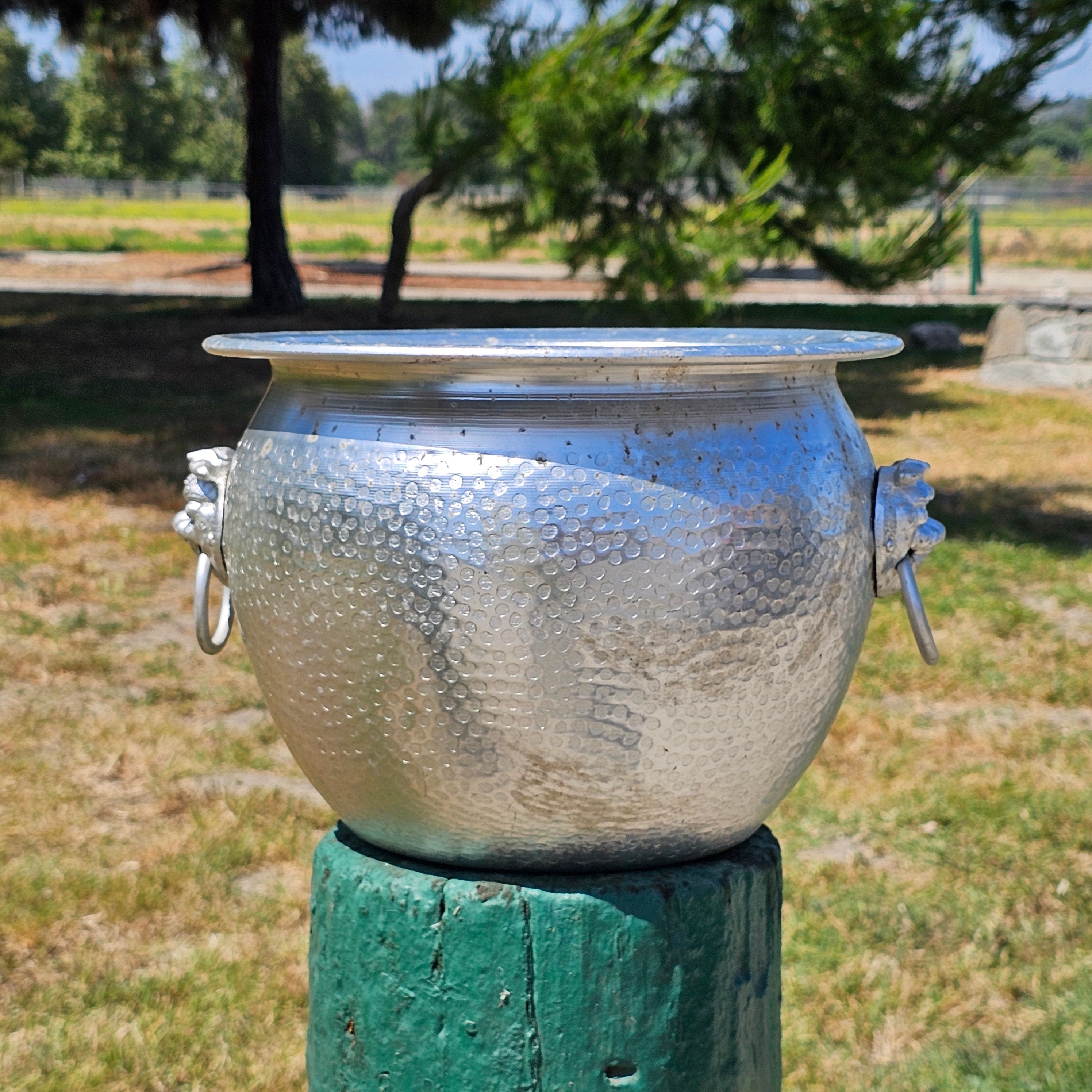 Hammered Aluminum Flower Pot Bucket With Foo Dog Handles 12.5" Dia x 9" H