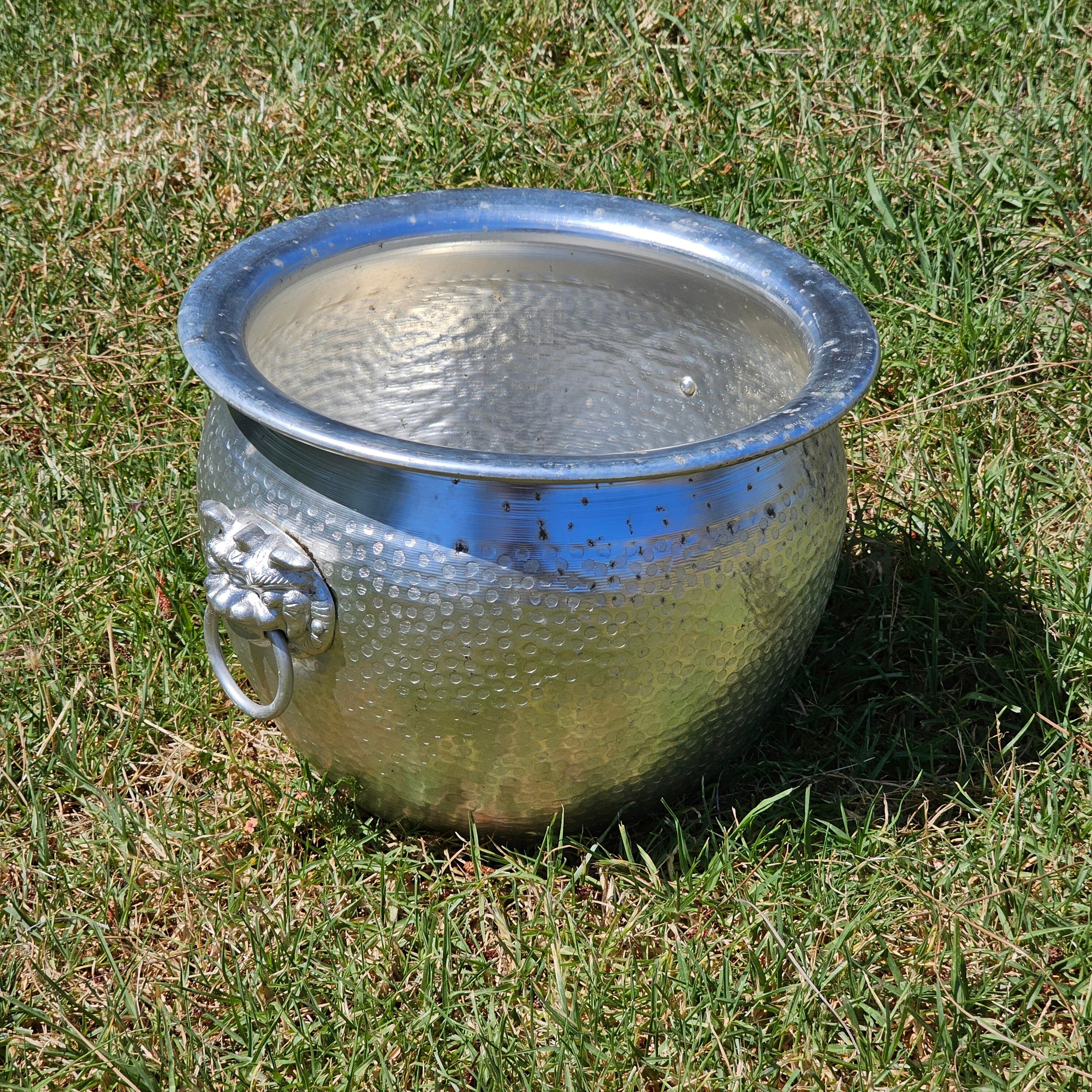 Hammered Aluminum Flower Pot Bucket With Foo Dog Handles 12.5" Dia x 9" H