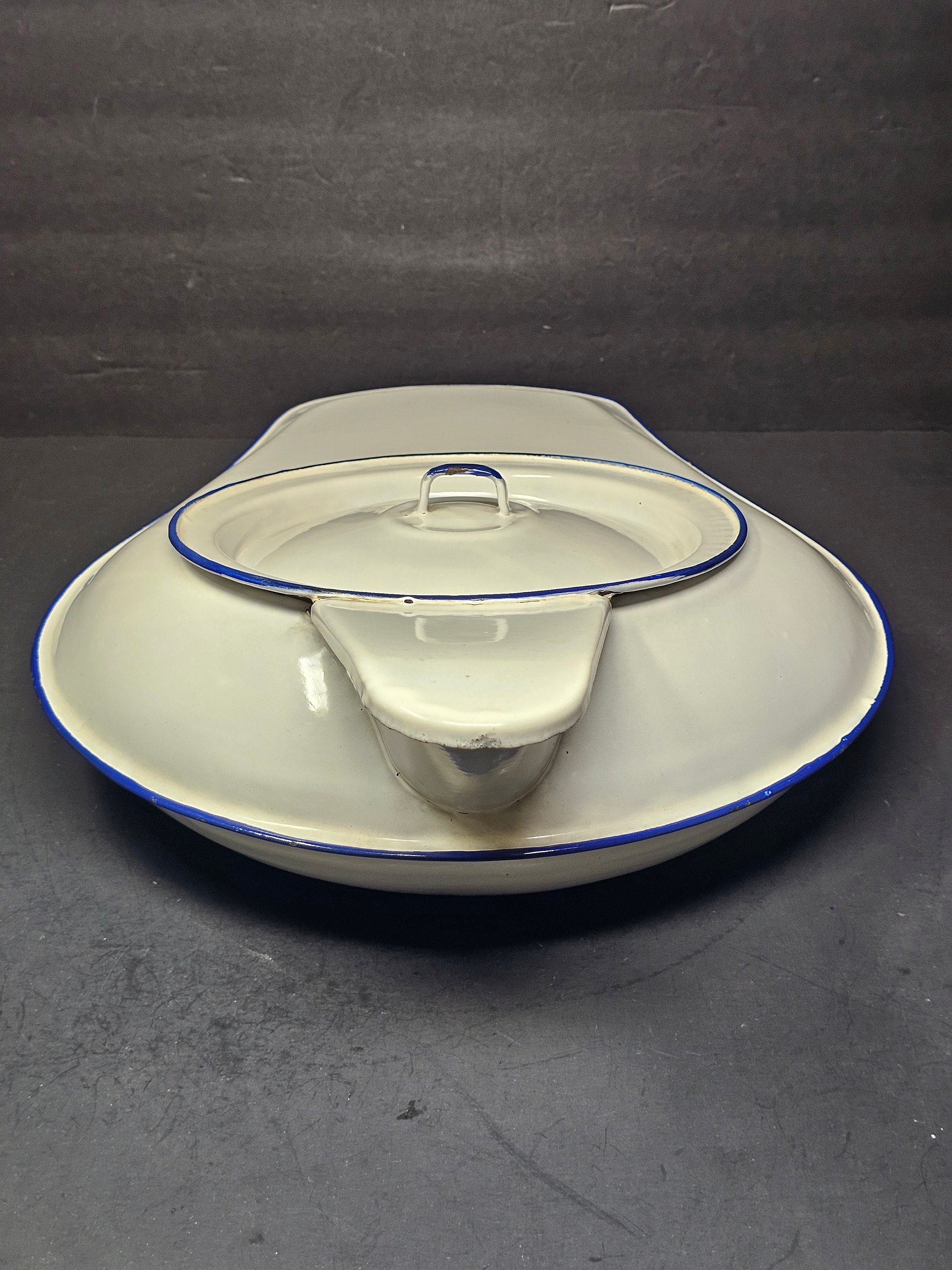 Vintage Hospital White Enamel Bed Pan With Lid