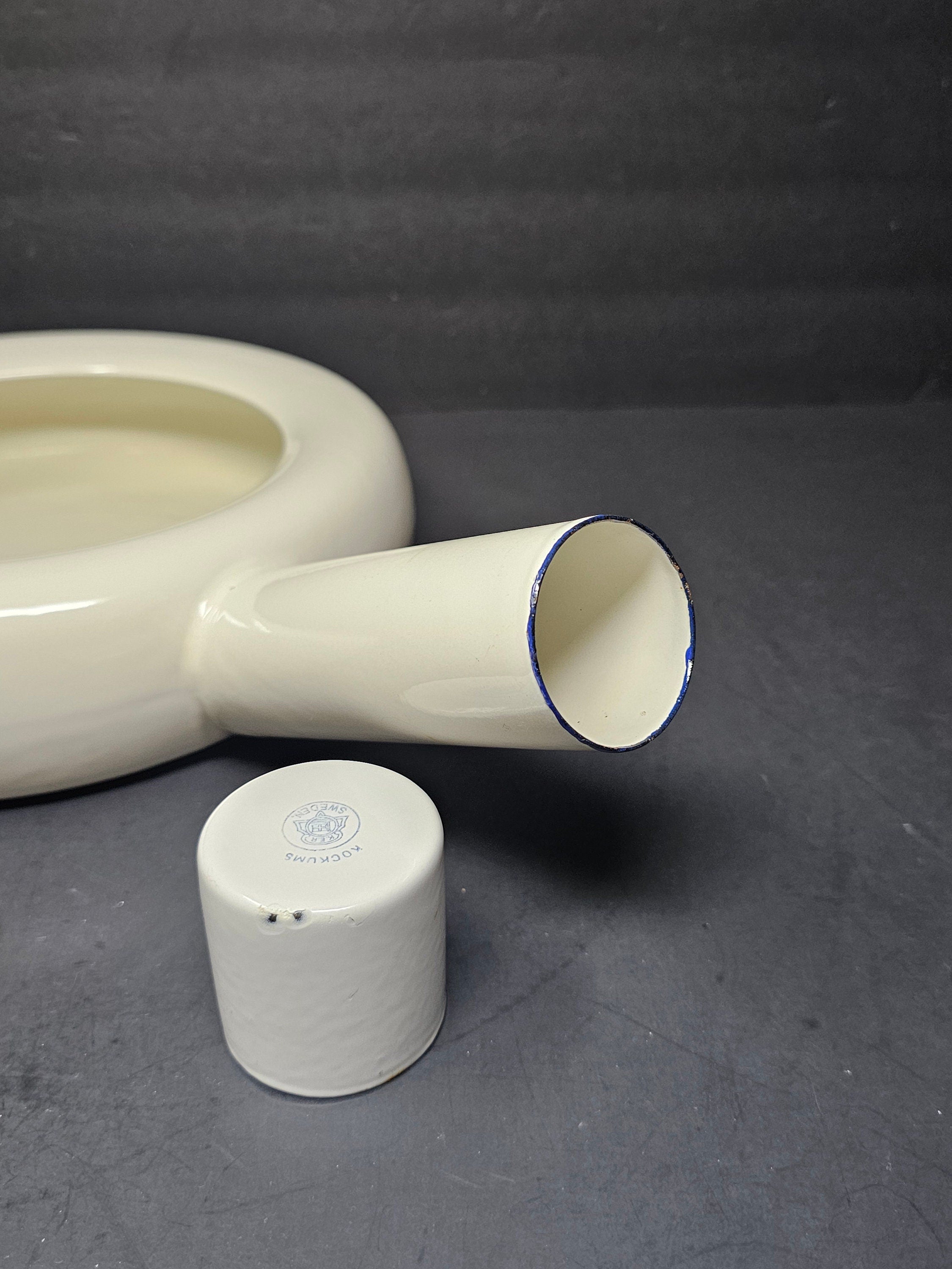 Vintage Swedish Army Hospital Enamelware Bed Pan With Steel Cap By Kockums