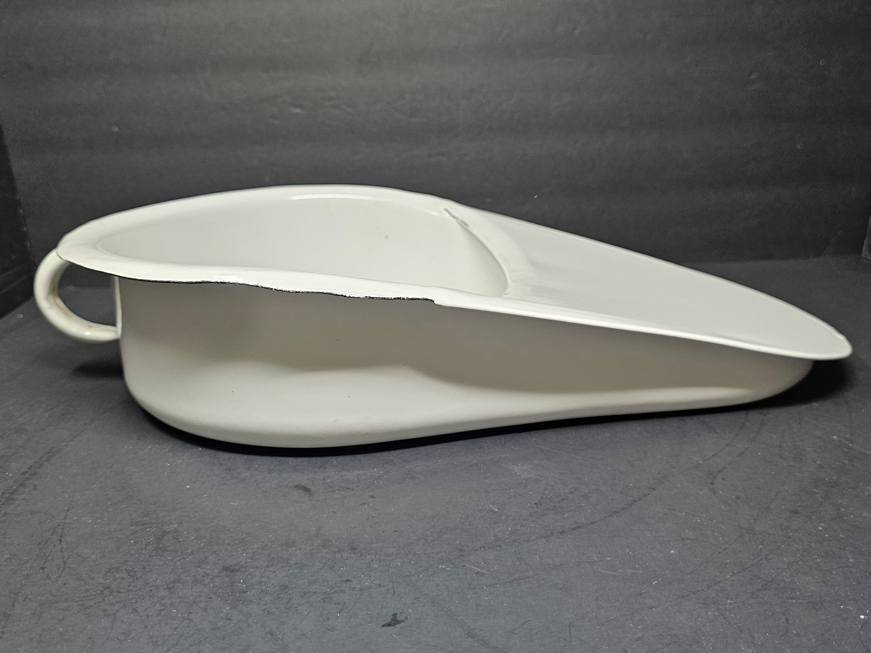 Antique Swedish All White Hospital Enamelware Bed Pan With Handle