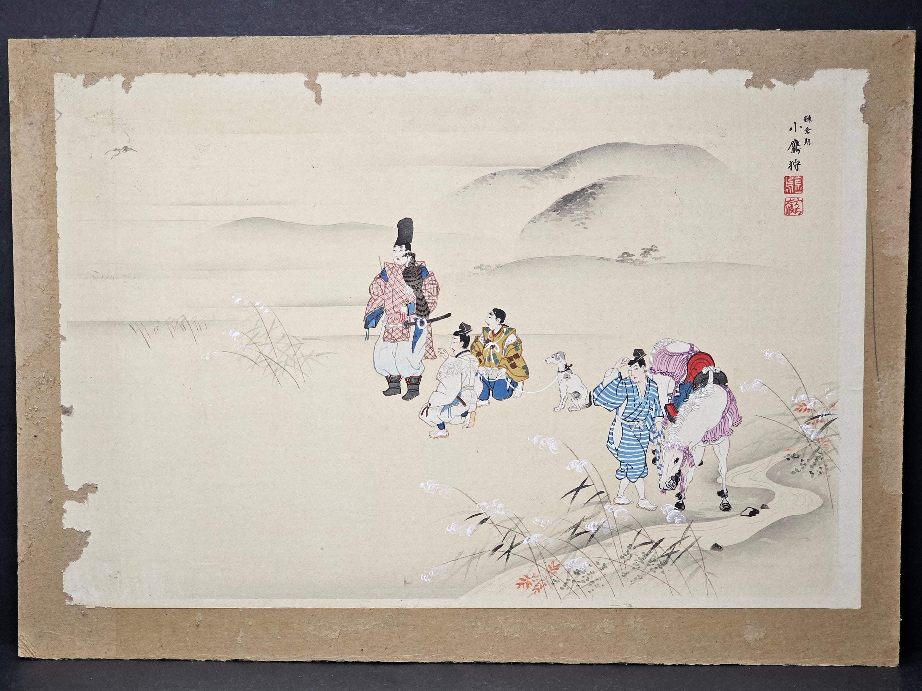 Japanese Woodblock Ukiyo-e "Small Falcon Hunting, Kamakura Period"