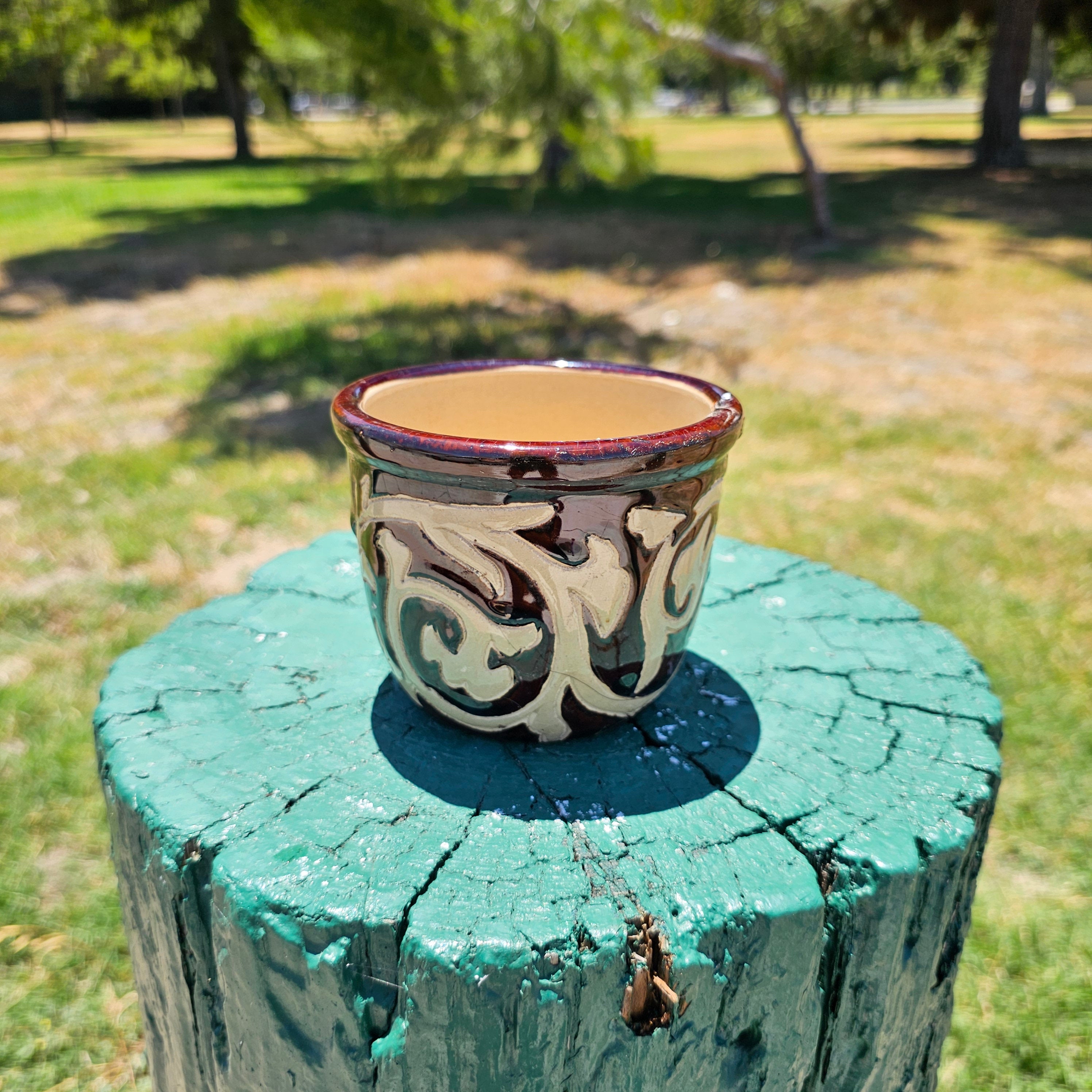 Studio Pottery Planter Earthy Tones And Abstract Pattern 4.30" Dia x 3.5" H