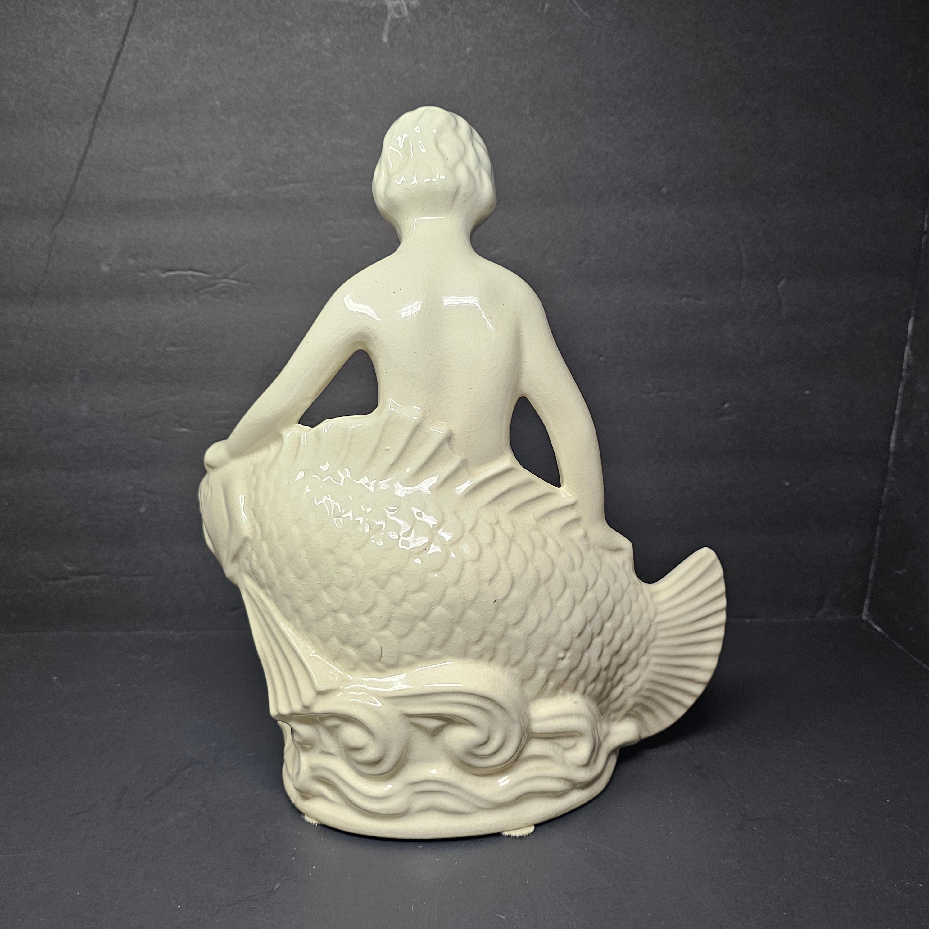 Pottery Statue By Robinson Ransbottom Boy Seated on Fish Bird Bath Insert 12.5" H