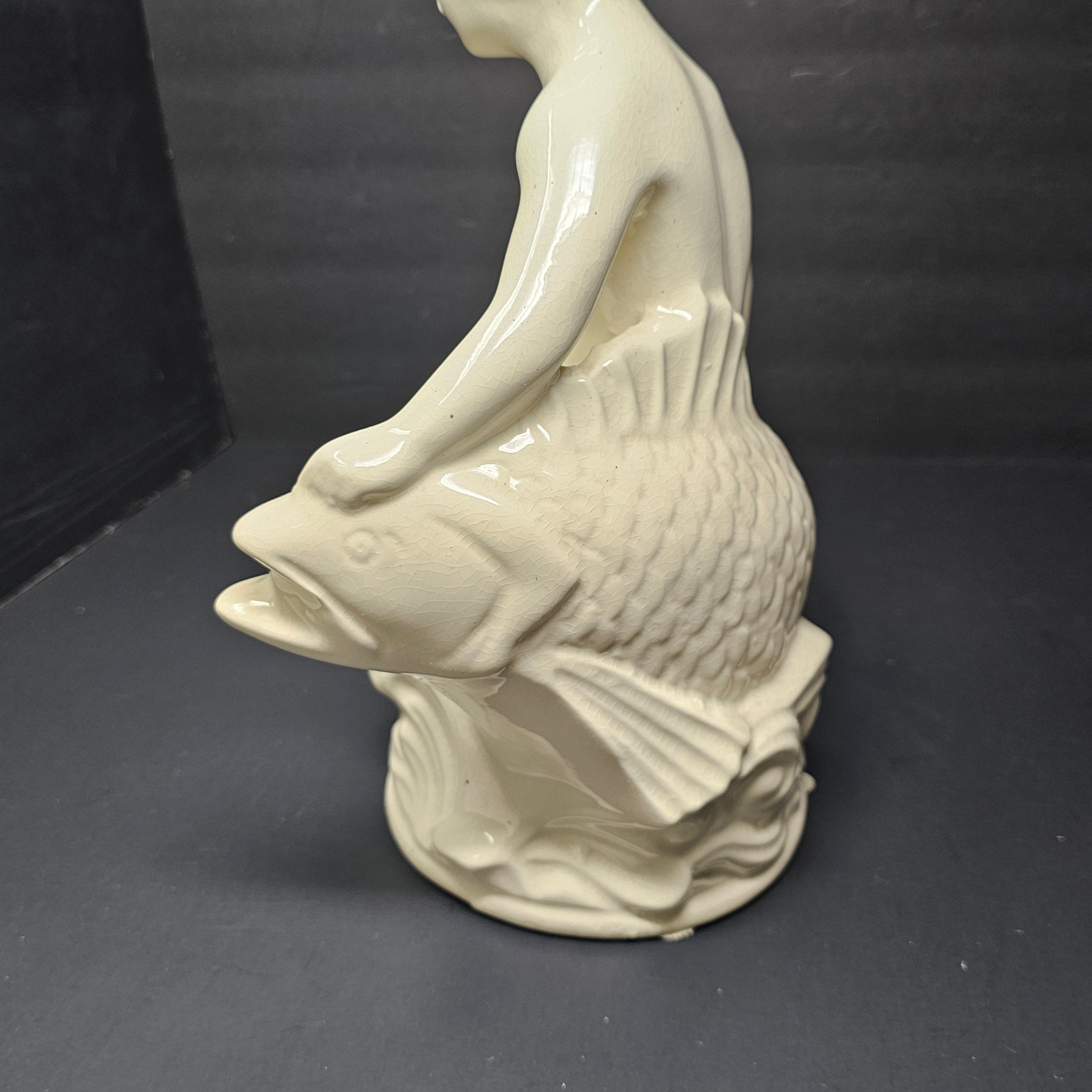 Pottery Statue By Robinson Ransbottom Boy Seated on Fish Bird Bath Insert 12.5" H