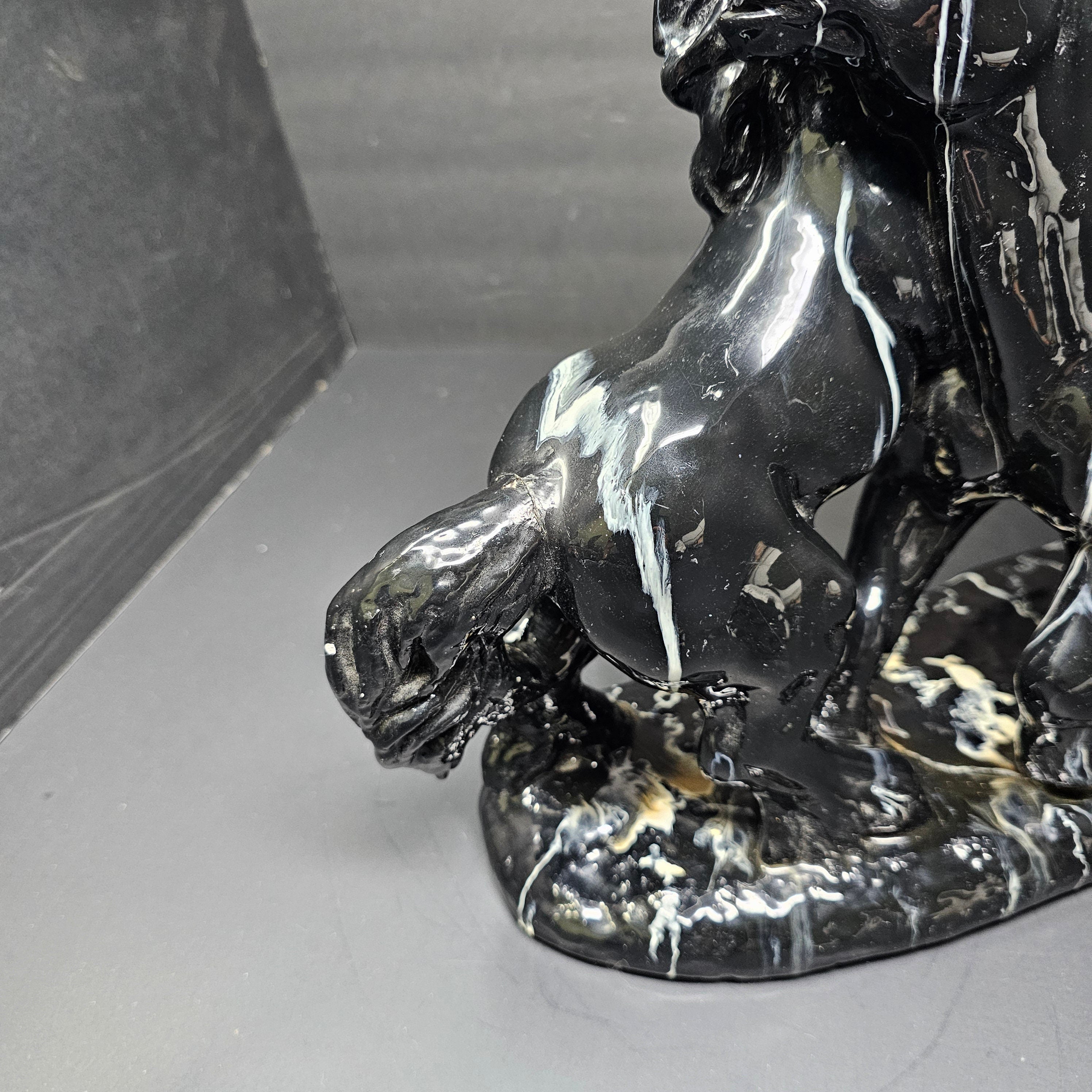 Two Black Stallions Sculpture Glazed Plaster Marble Swirl Statue Vintage