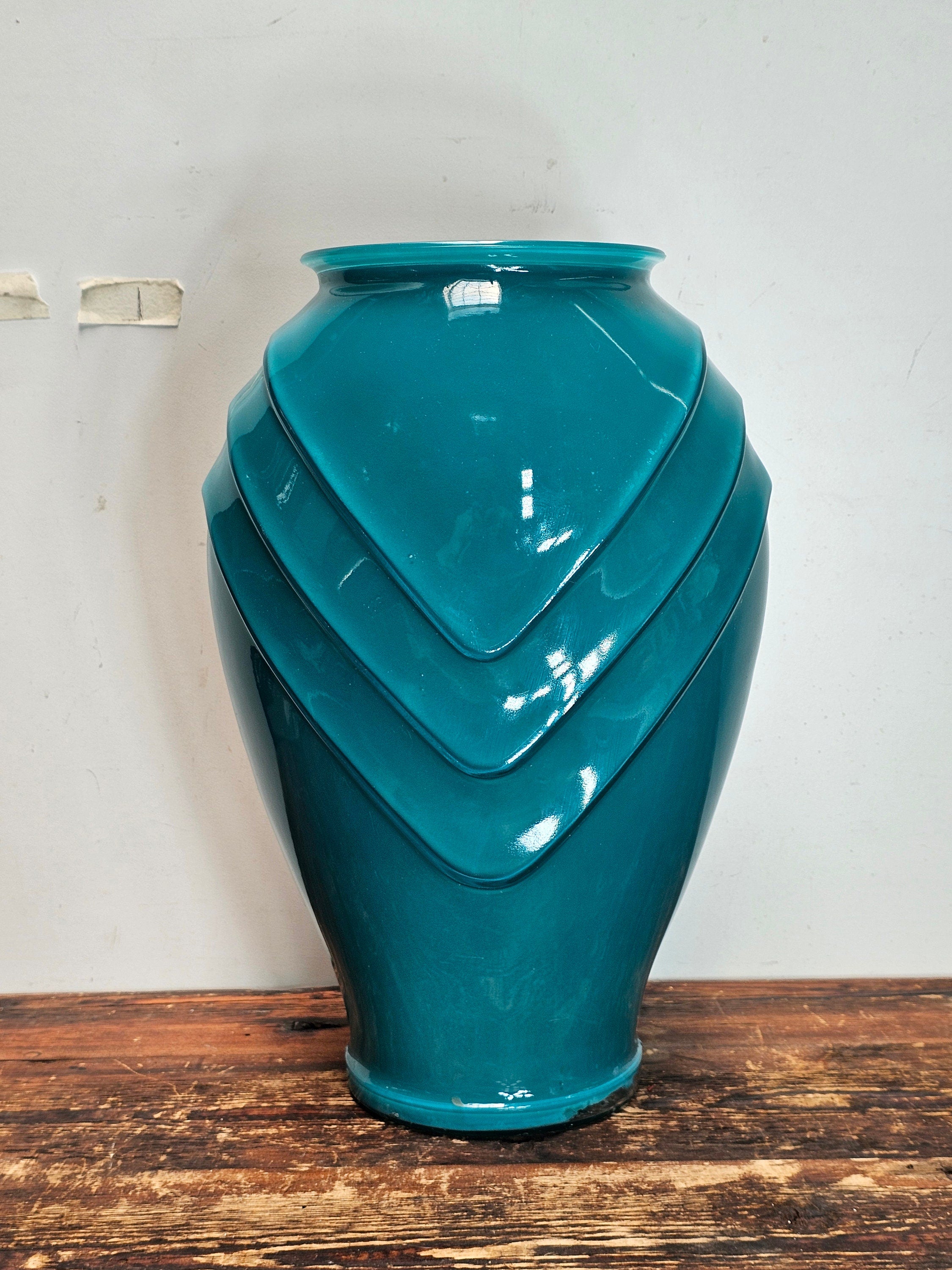 Large Art Deco Jade Color Scalloped Glass Flower Vase 11" x 8" x 16"H