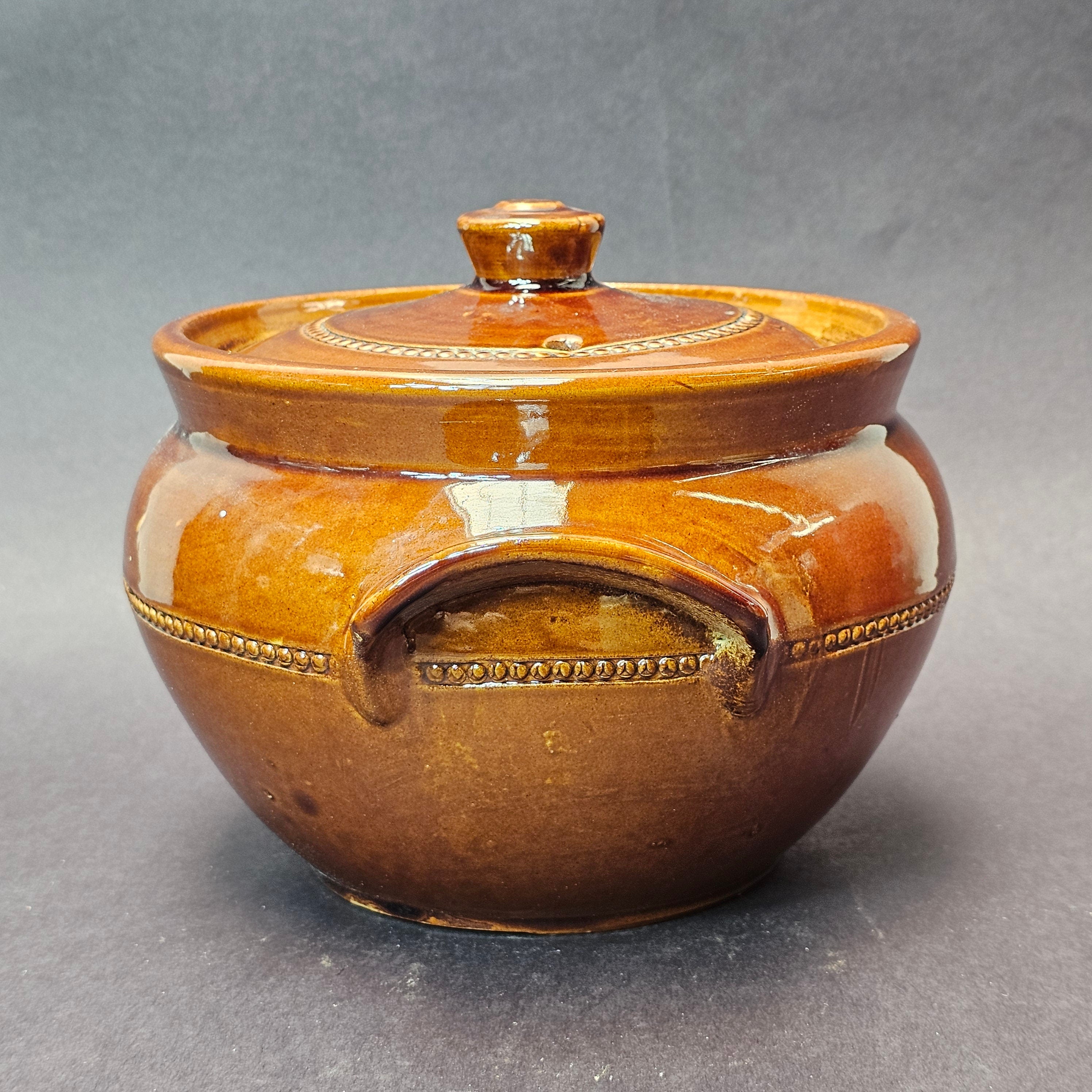 Vintage Pearsons Of Chesterfield Crock Bean Oven Pot Covered Lid Handles Brown