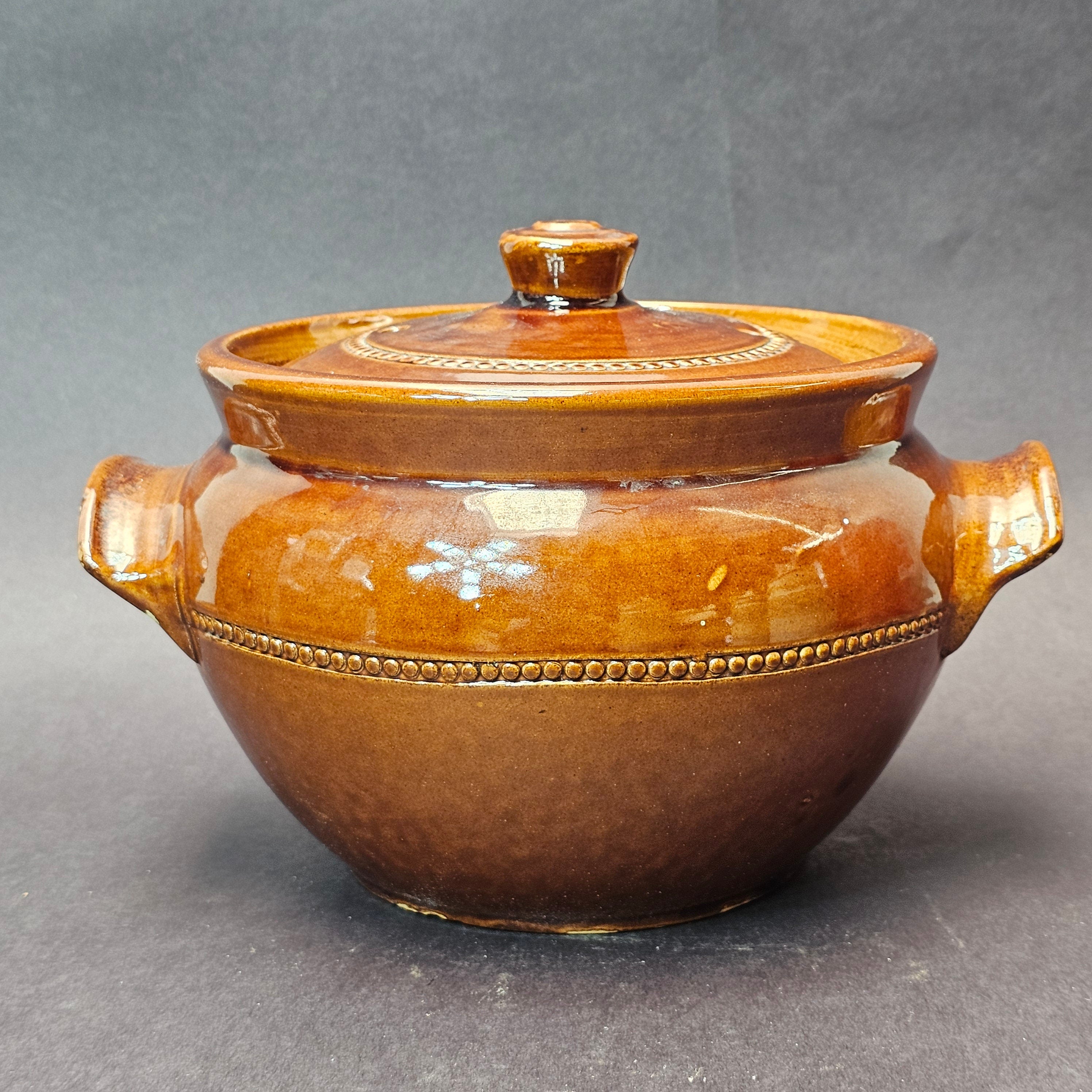 Vintage Pearsons Of Chesterfield Crock Bean Oven Pot Covered Lid Handles Brown