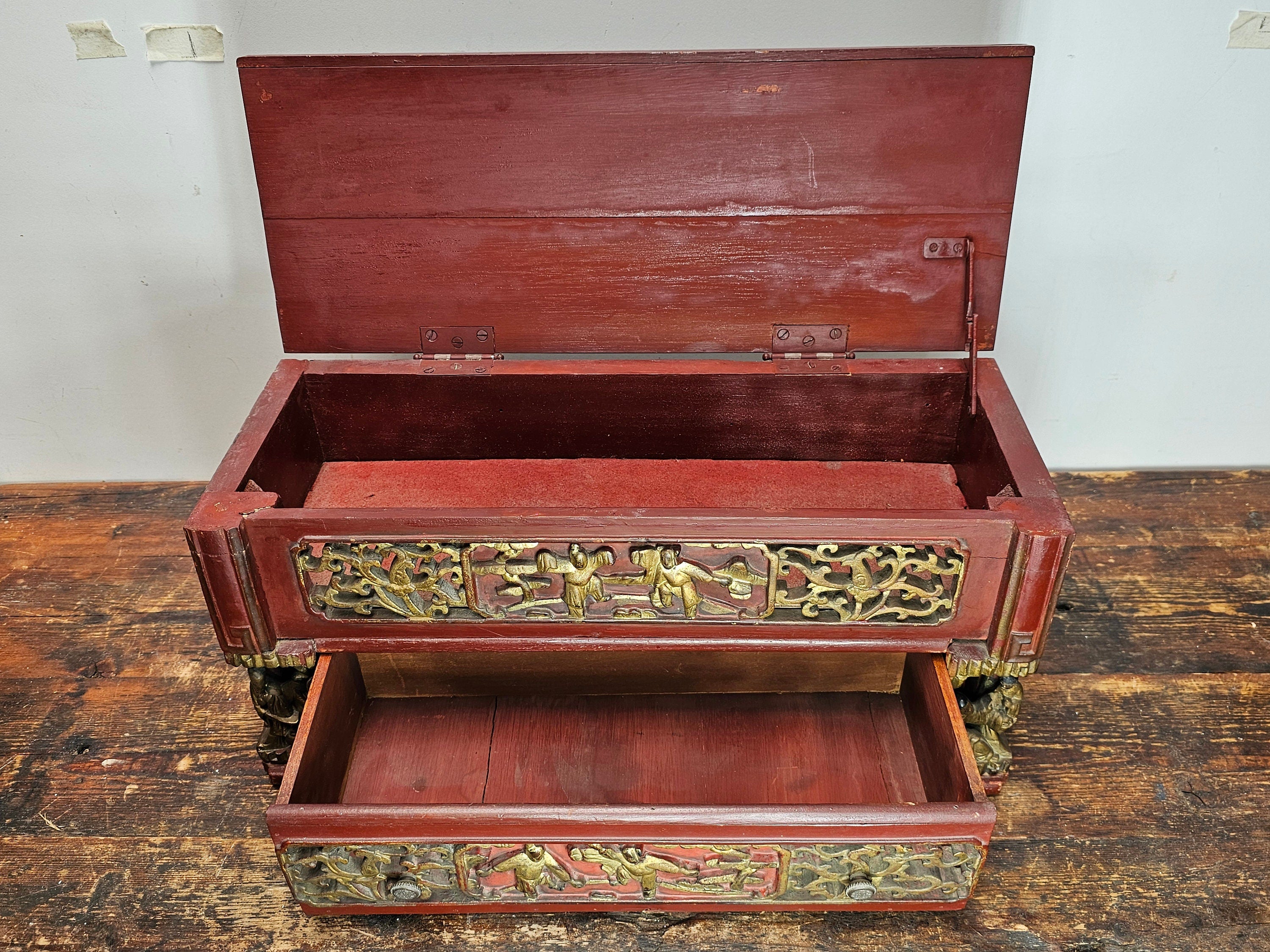 Antique Chinese Red & Gilt Carved Wood Chest Box
