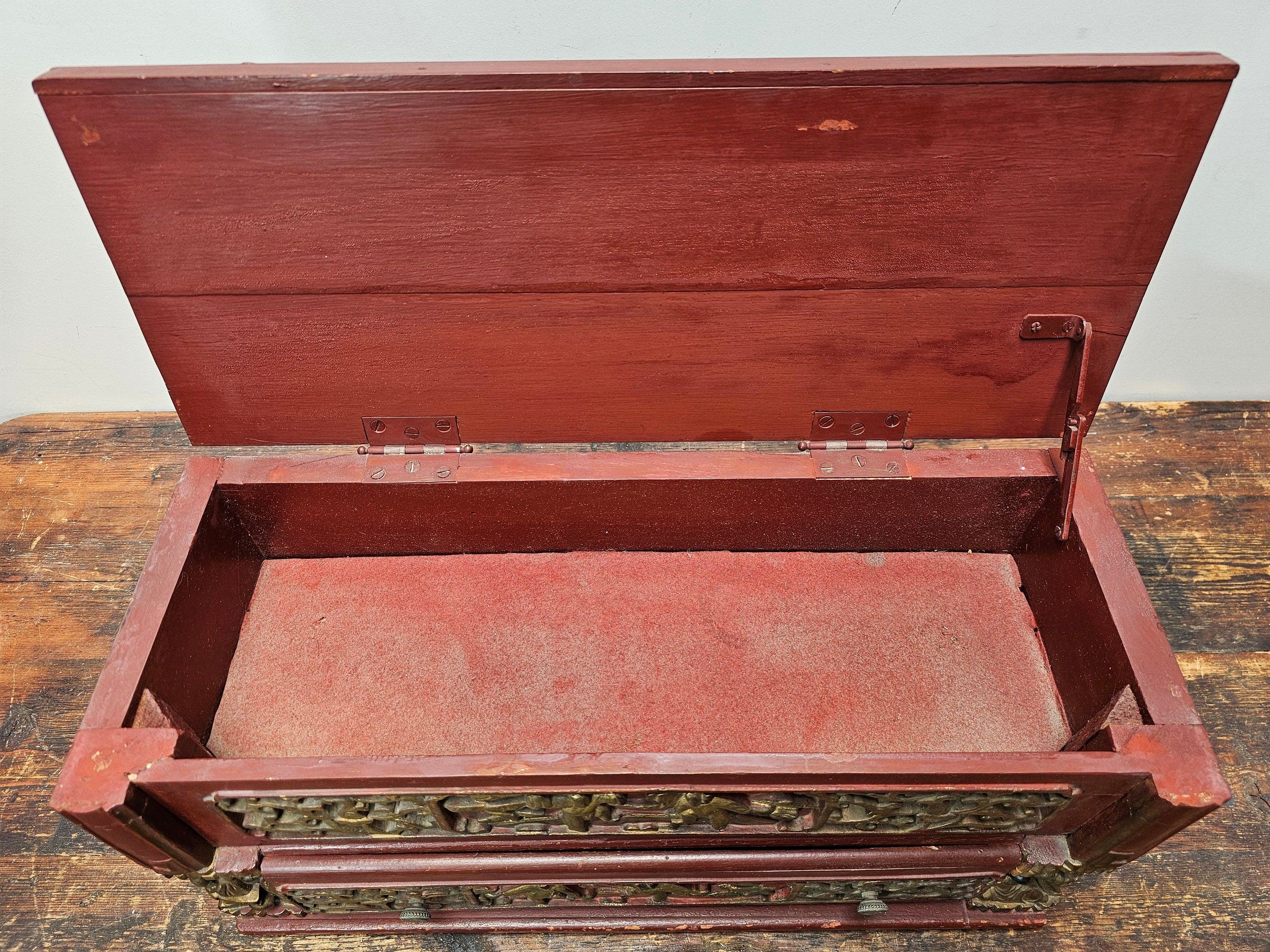 Antique Chinese Red & Gilt Carved Wood Chest Box