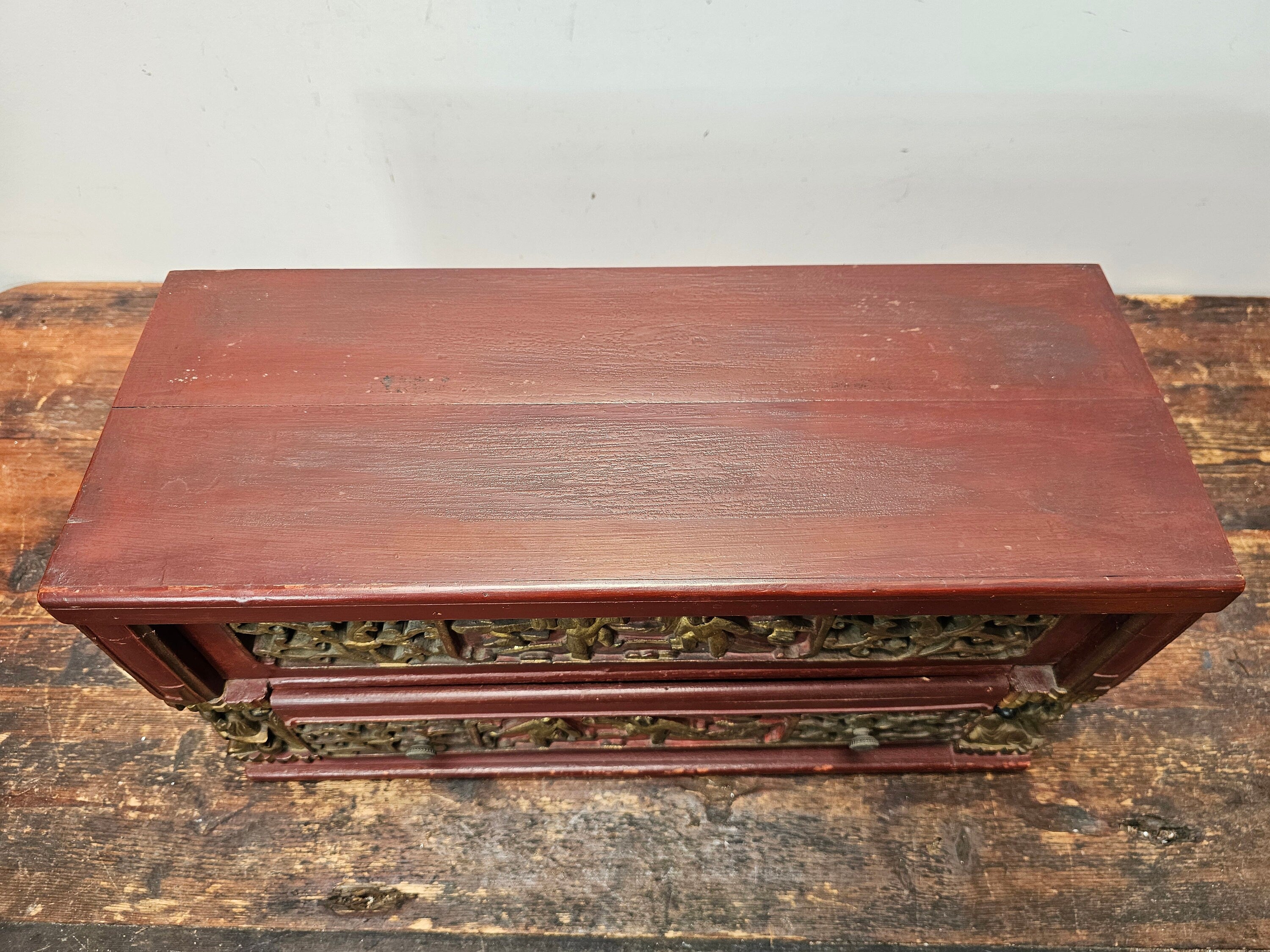Antique Chinese Red & Gilt Carved Wood Chest Box