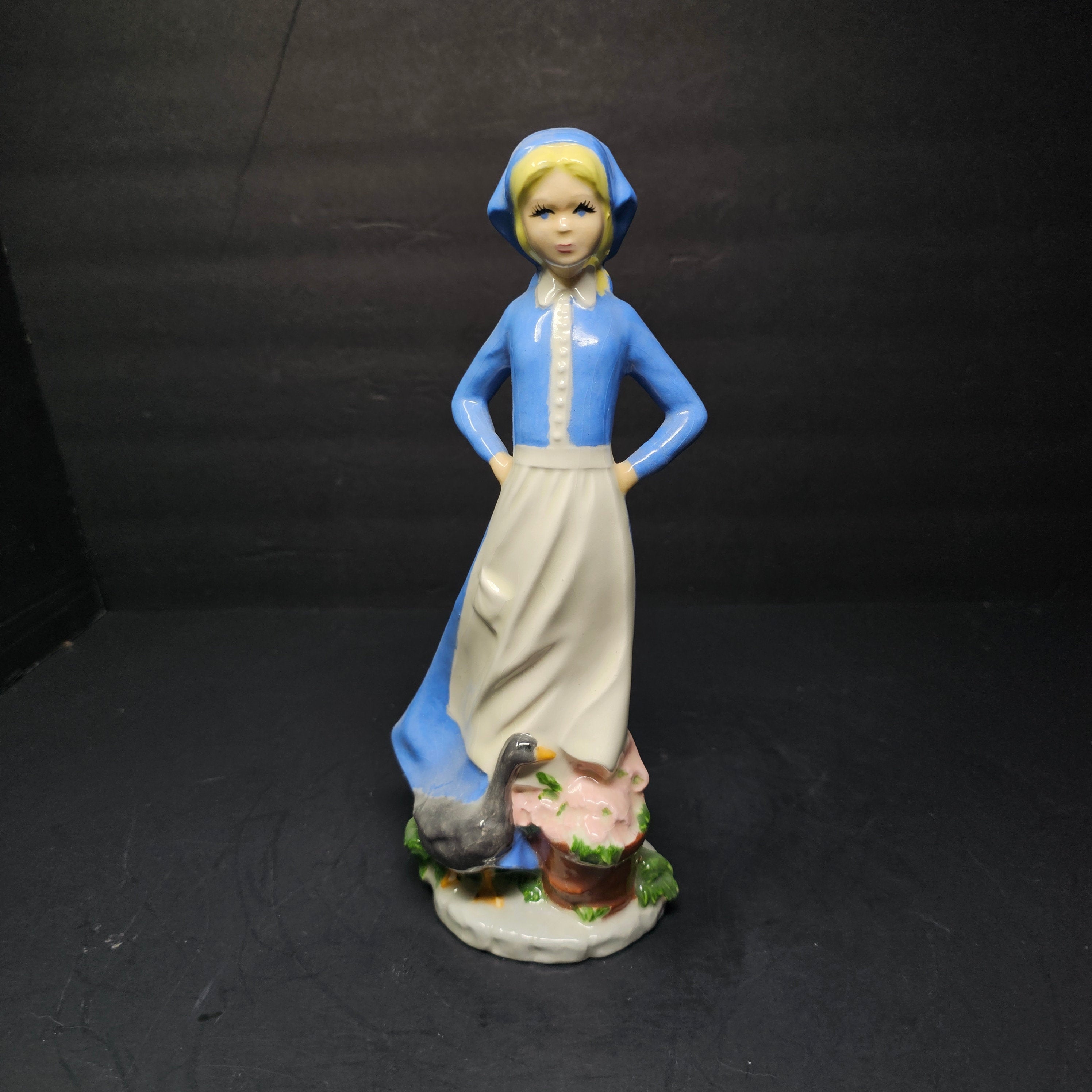 Blue Glazed Porcelain Farm Lady Figurine Duck Flowers 1990