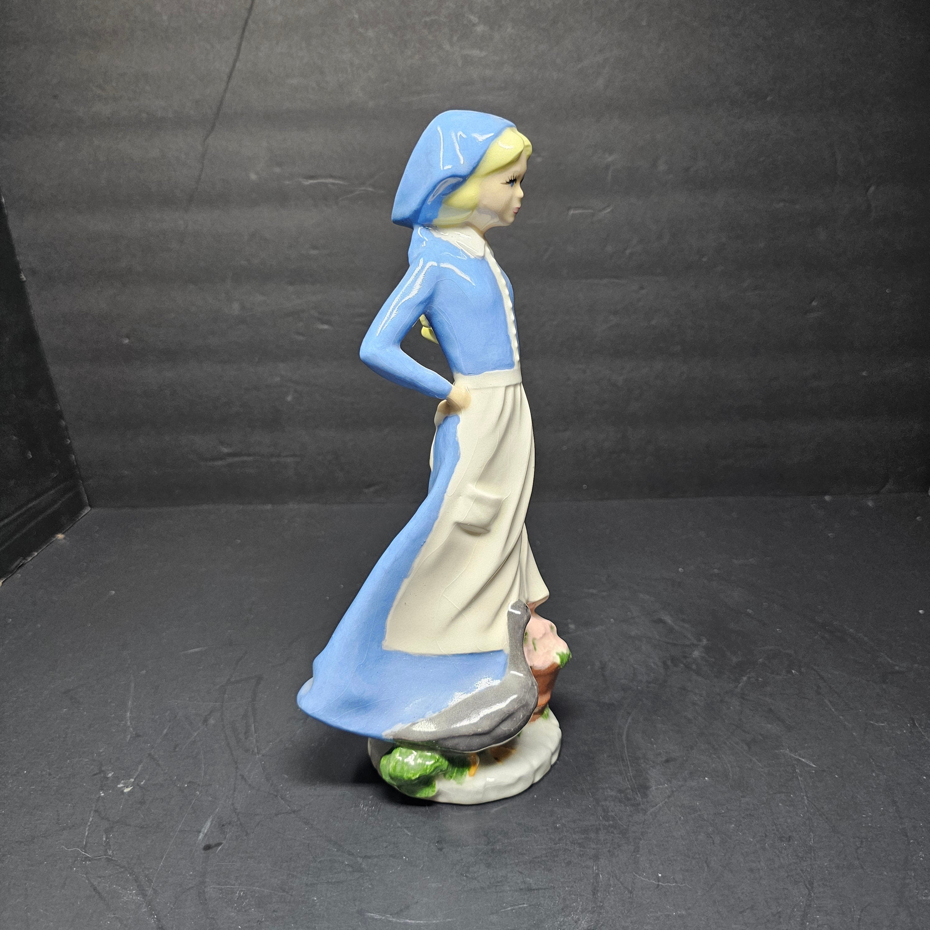 Blue Glazed Porcelain Farm Lady Figurine Duck Flowers 1990