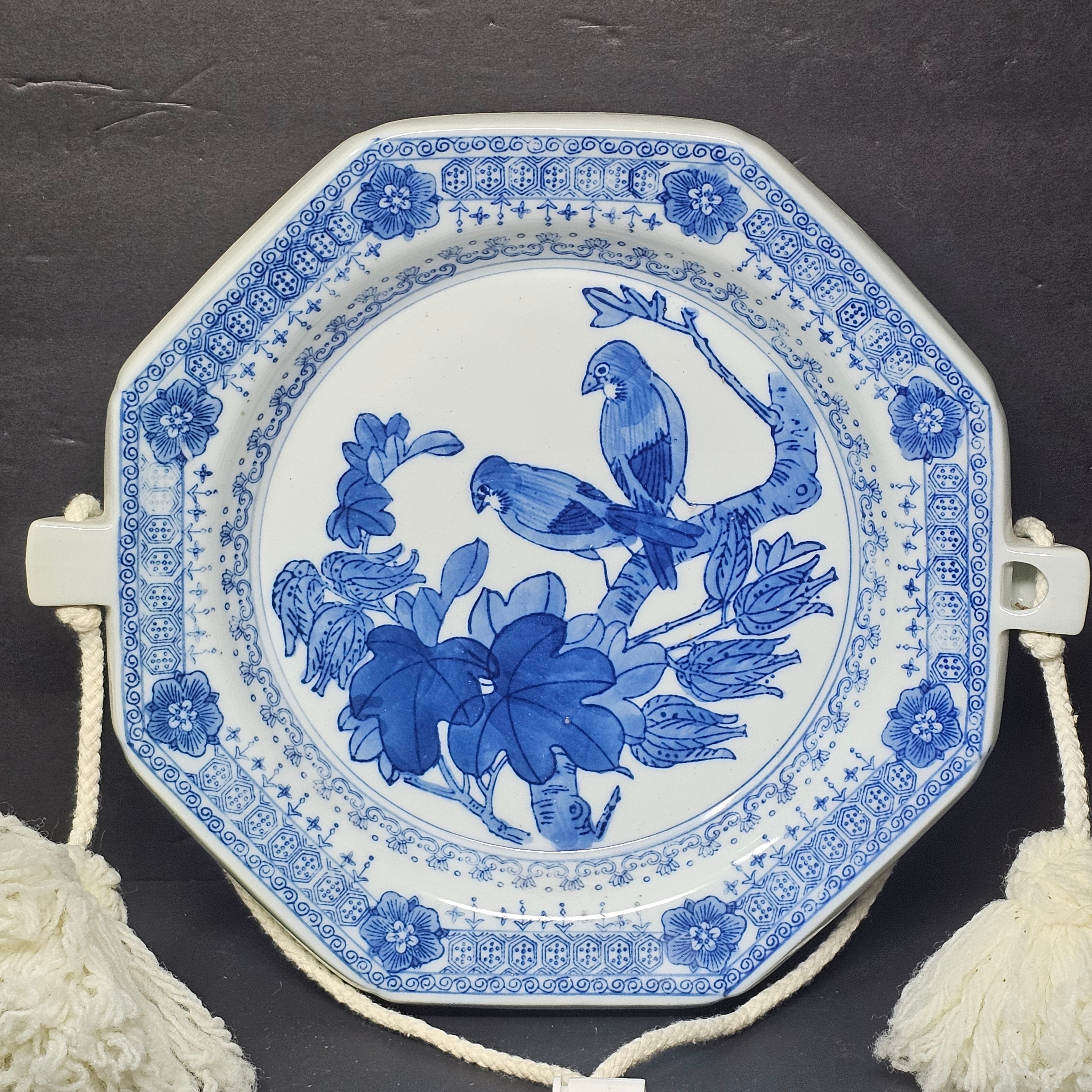 Vintage Chinese Export Ware Blue Birds Ceramic Chinoiserie Wall Hanging