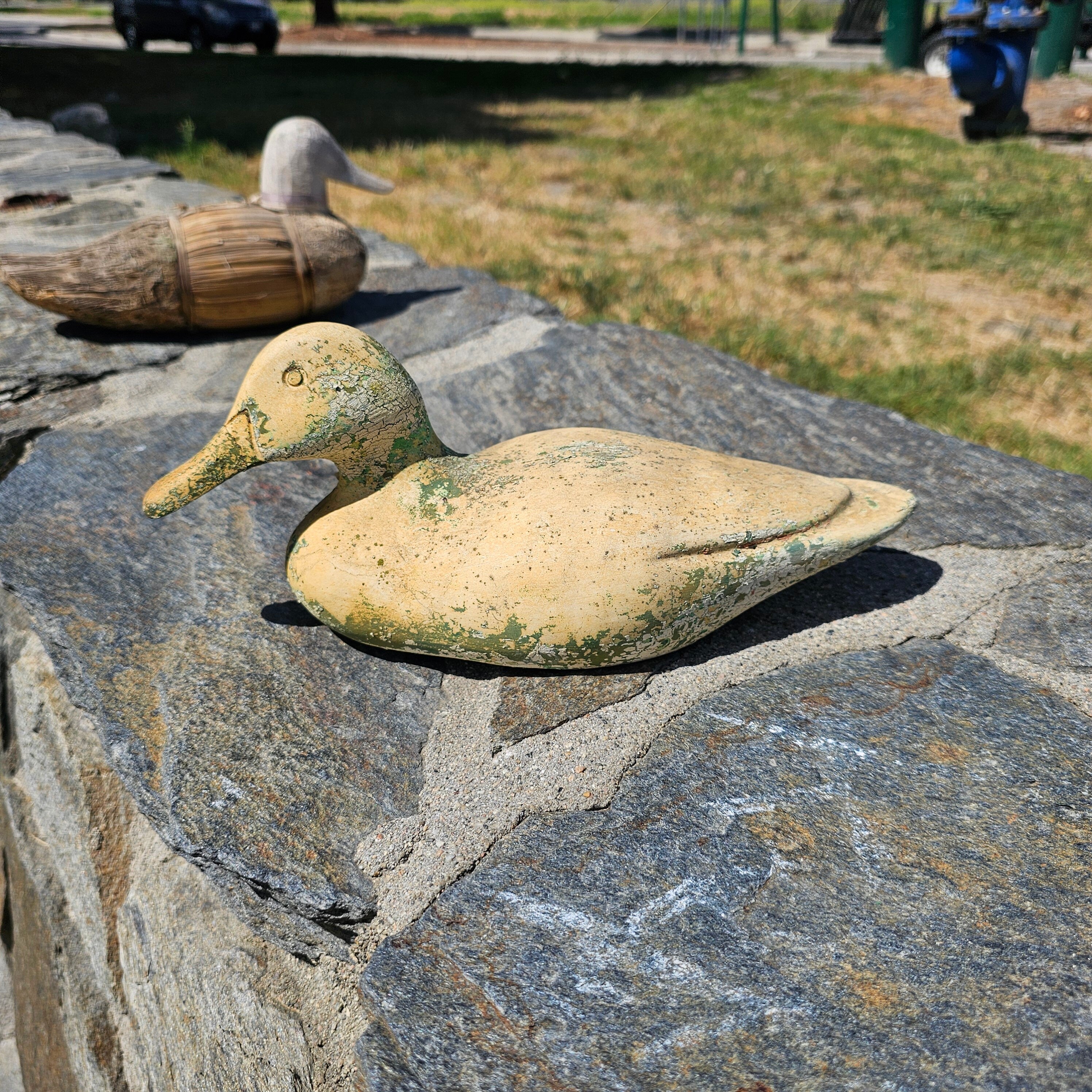 Set of 2 Wood, Corn Husk Duck 11" And Ceramic Duck 11" Garden Decor