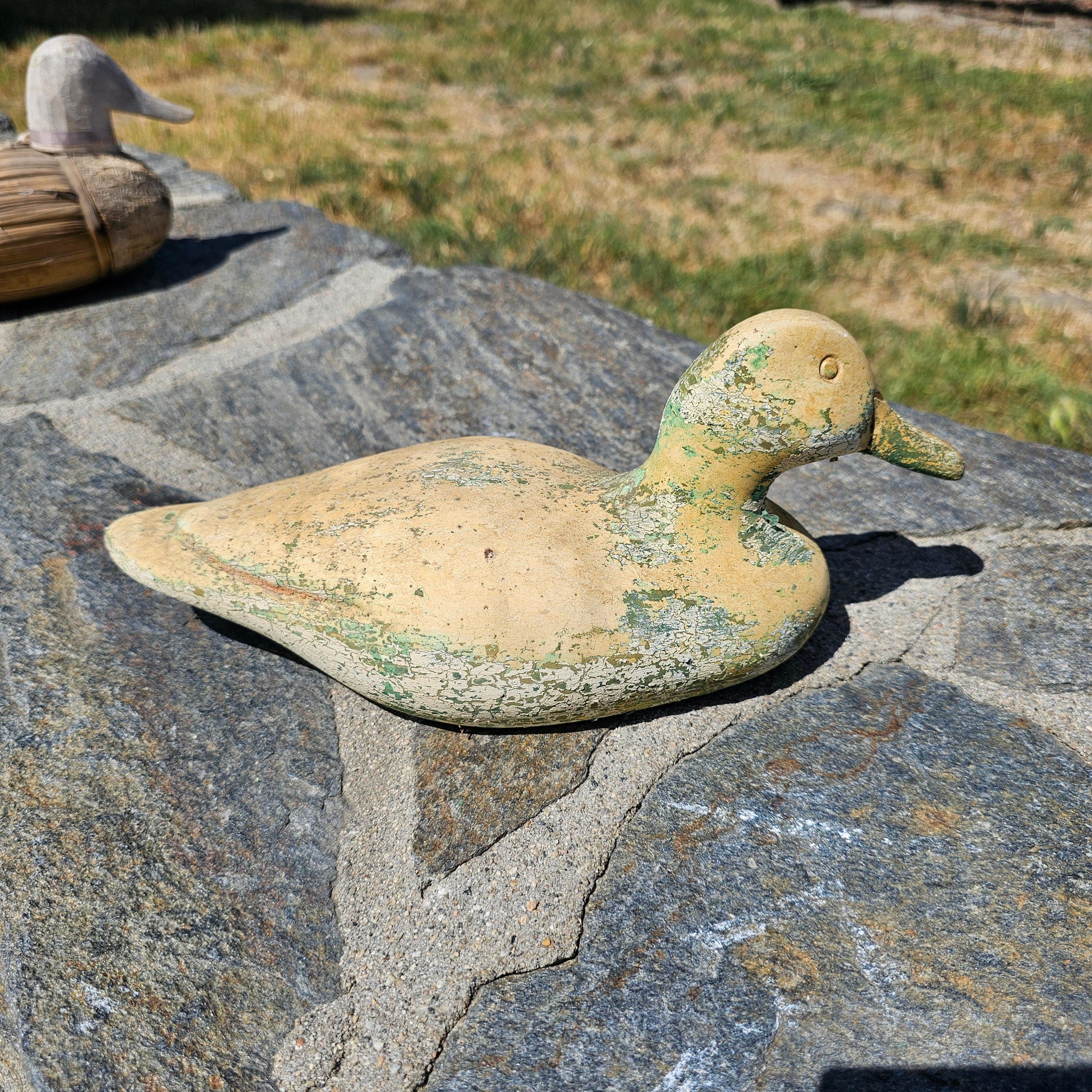 Set of 2 Wood, Corn Husk Duck 11" And Ceramic Duck 11" Garden Decor