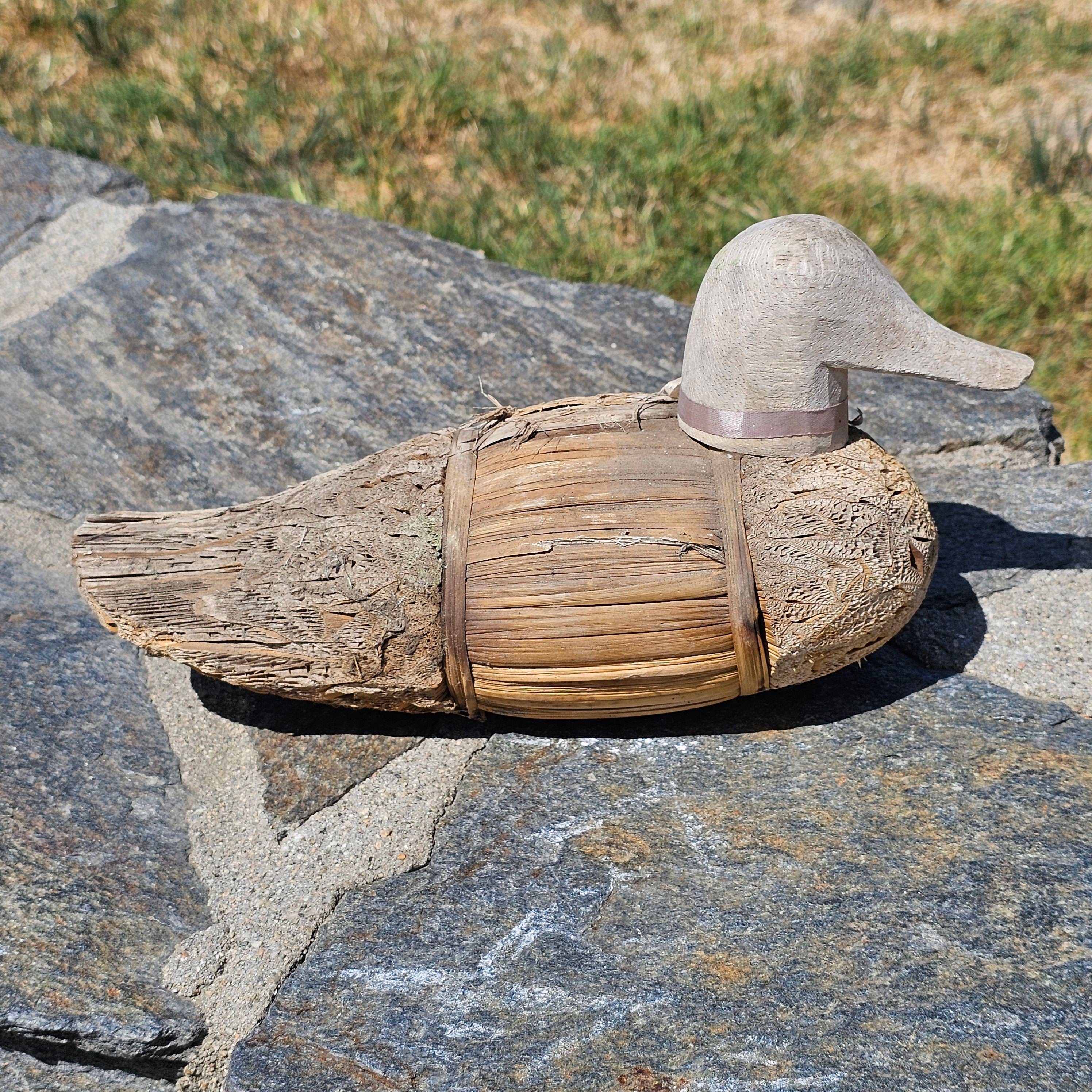 Set of 2 Wood, Corn Husk Duck 11" And Ceramic Duck 11" Garden Decor