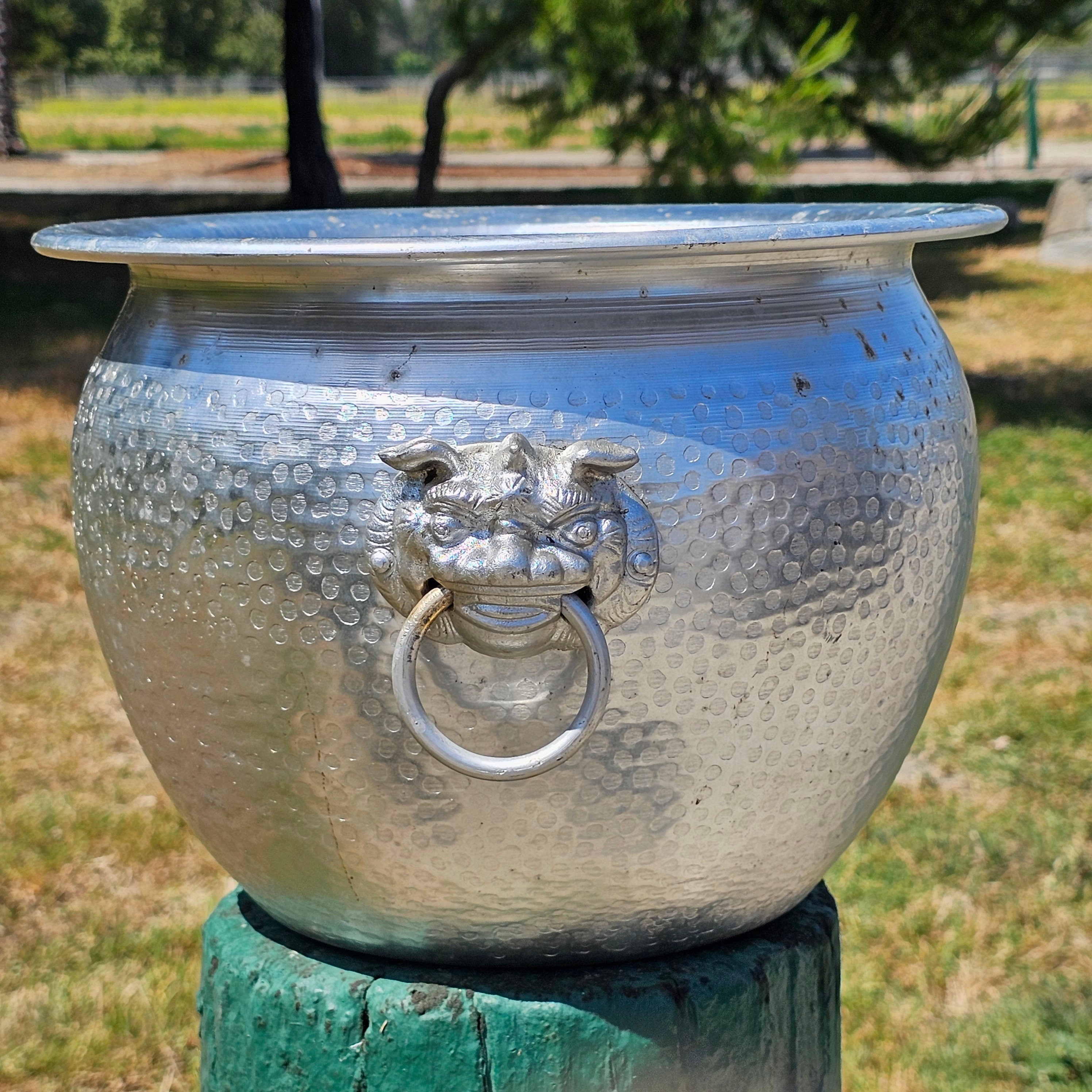 Hammered Aluminum Flower Pot Bucket With Foo Dog Handles 12.5" Dia x 9" H