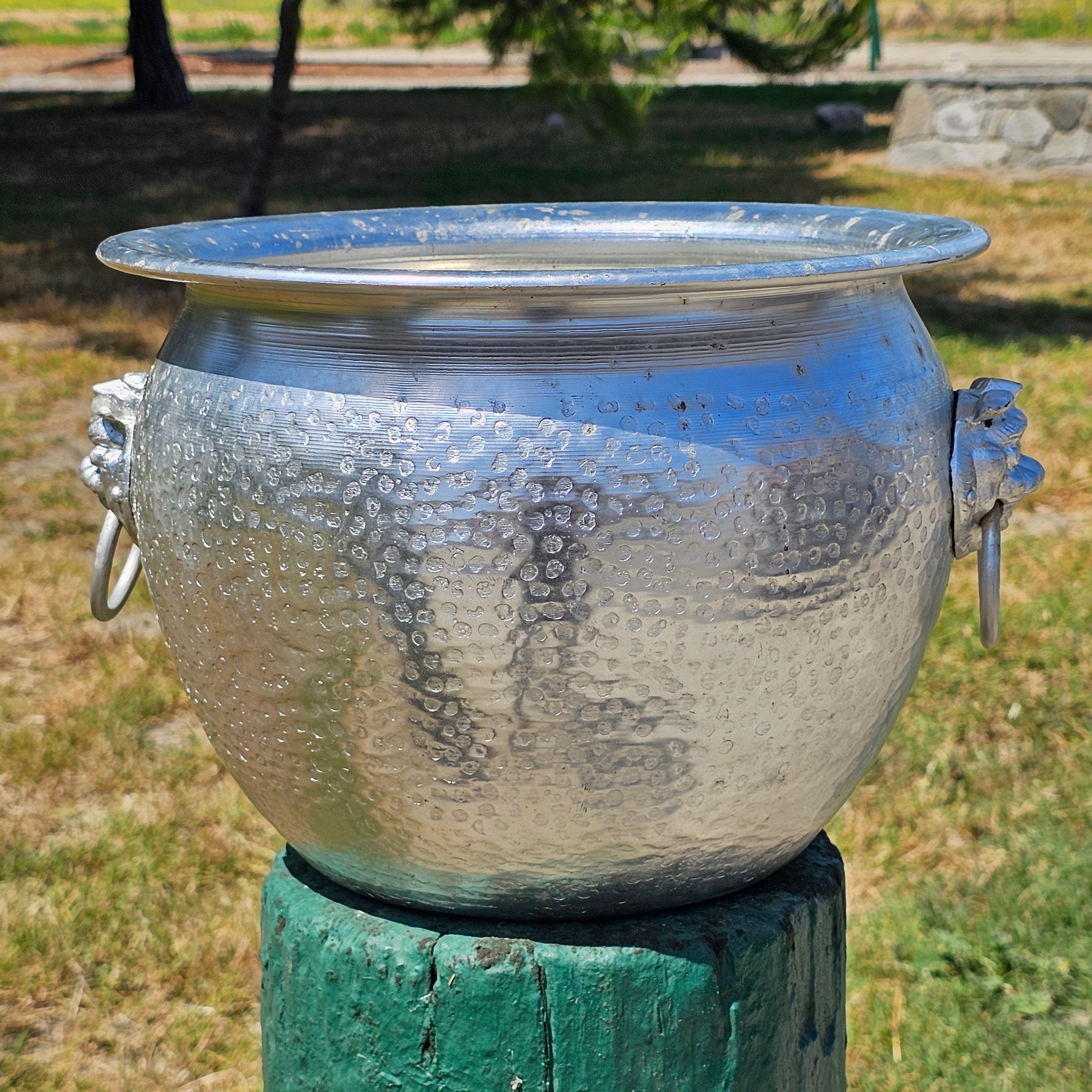 Hammered Aluminum Flower Pot Bucket With Foo Dog Handles 12.5" Dia x 9" H