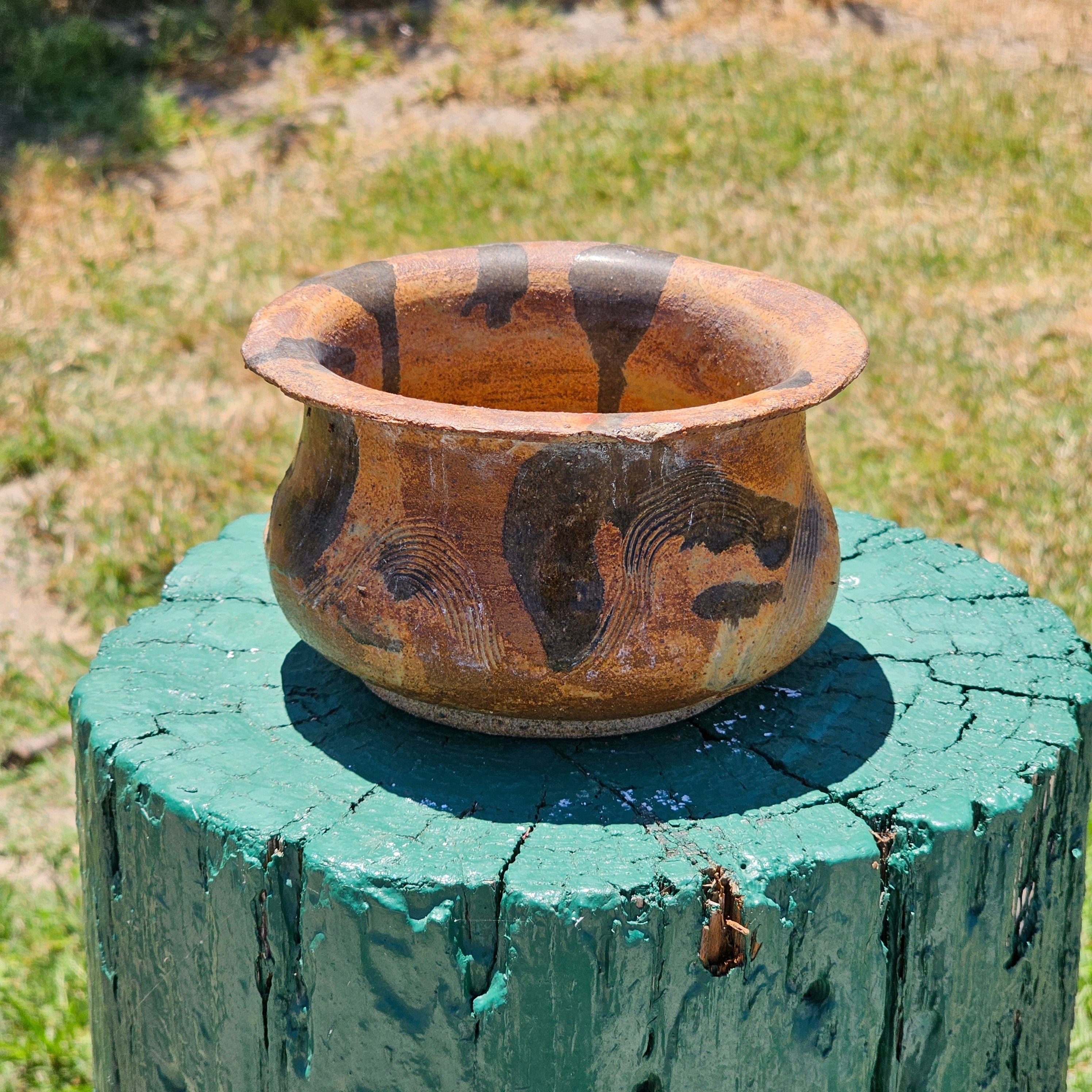 Studio Pottery Planter Earthy Tones Signed 6.5" Dia x 3.75" H