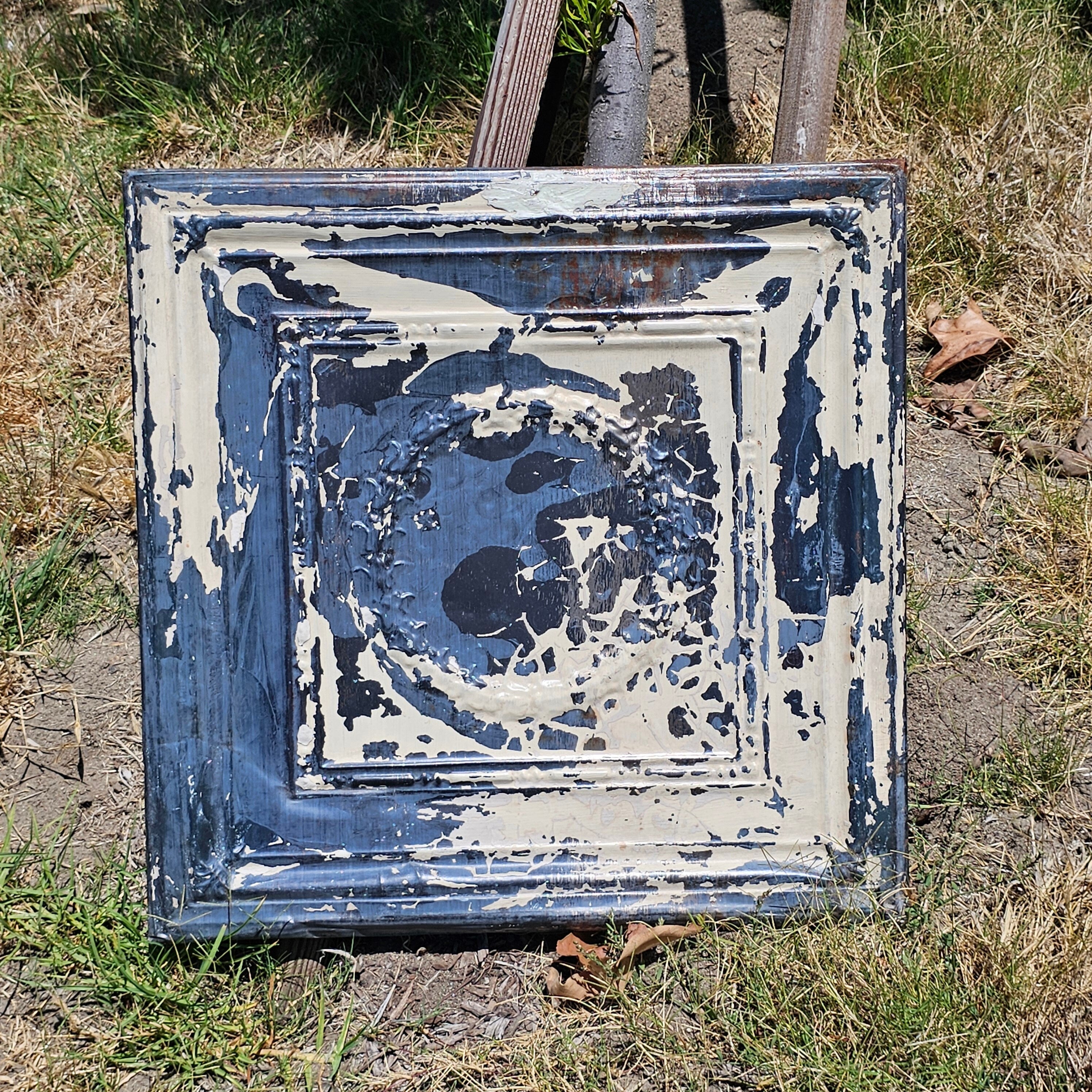 Set of 2 Wood Framed Tin Metal Rustic Garden Art Decor 23" x 23" Weathered