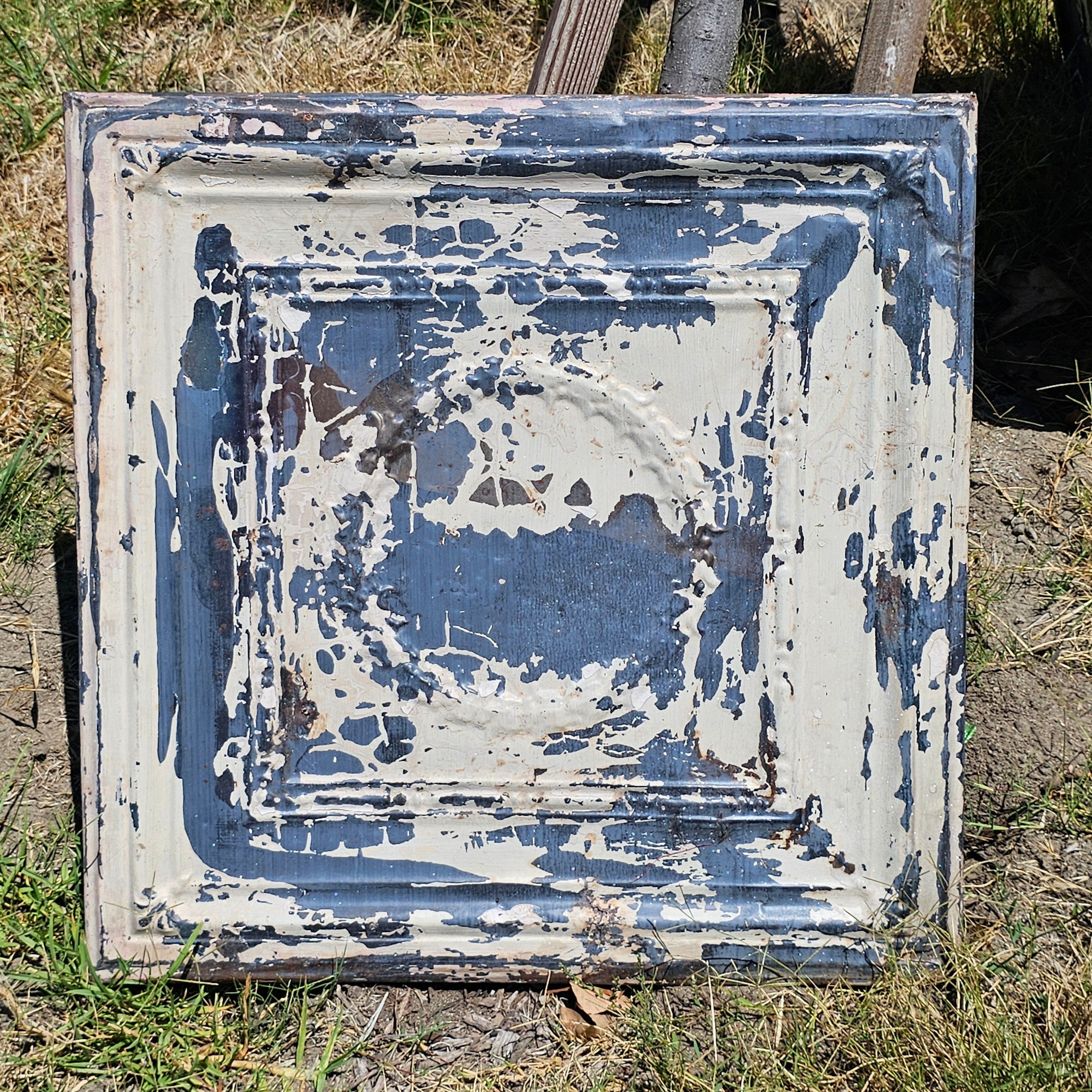 Set of 2 Wood Framed Tin Metal Rustic Garden Art Decor 23" x 23" Weathered