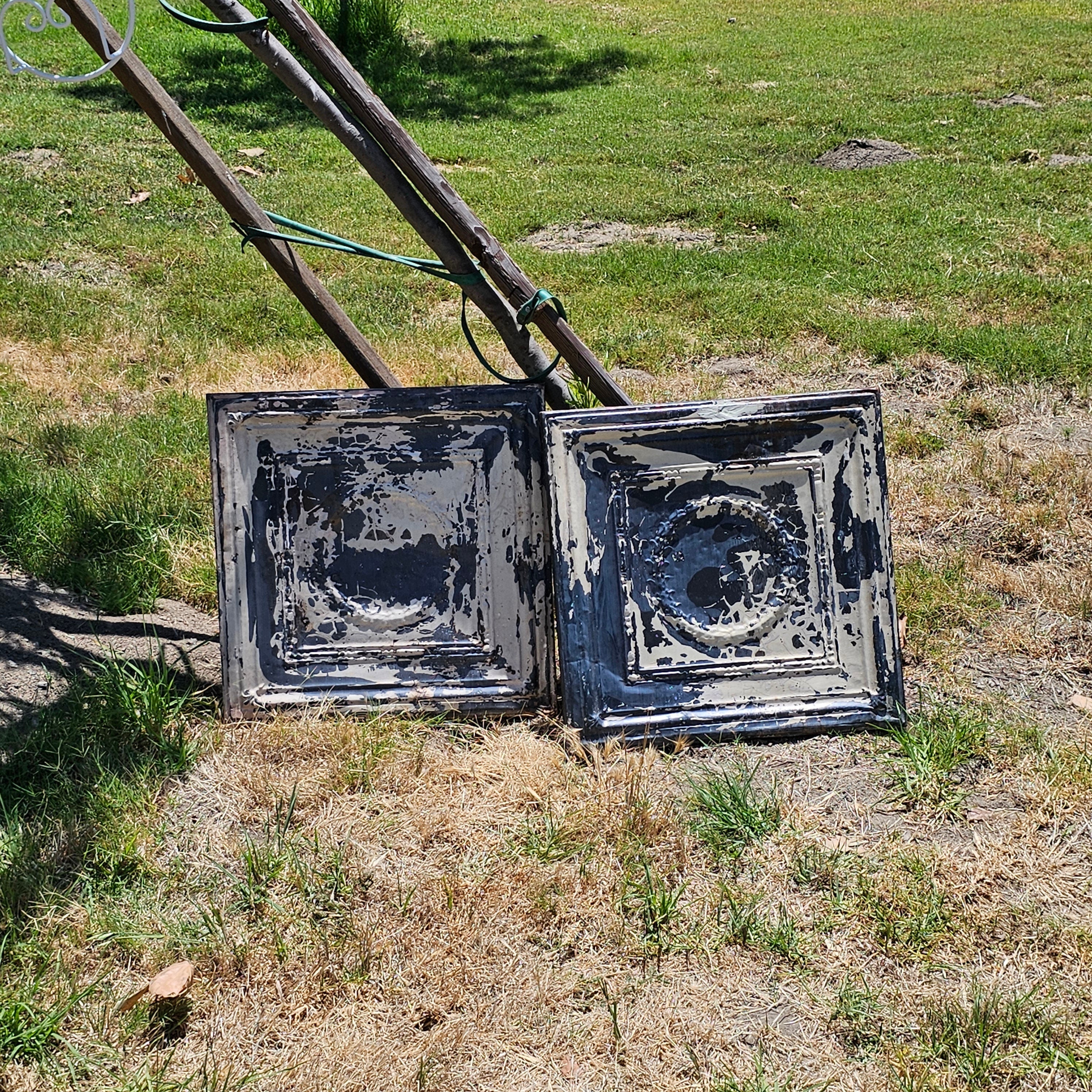 Set of 2 Wood Framed Tin Metal Rustic Garden Art Decor 23" x 23" Weathered