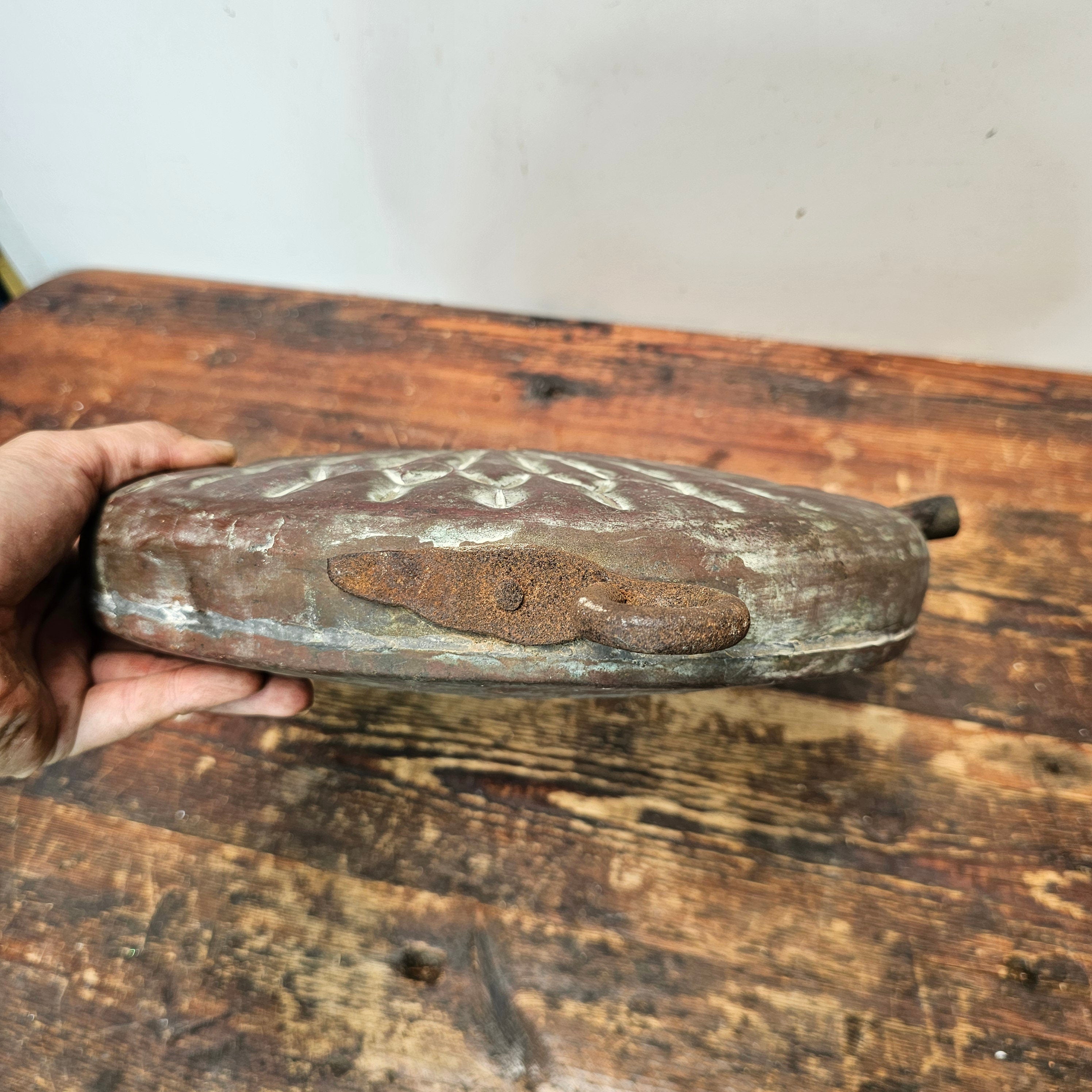 Antique Middle-Eastern Tinned Engraved Copper Canteen Wall Decor